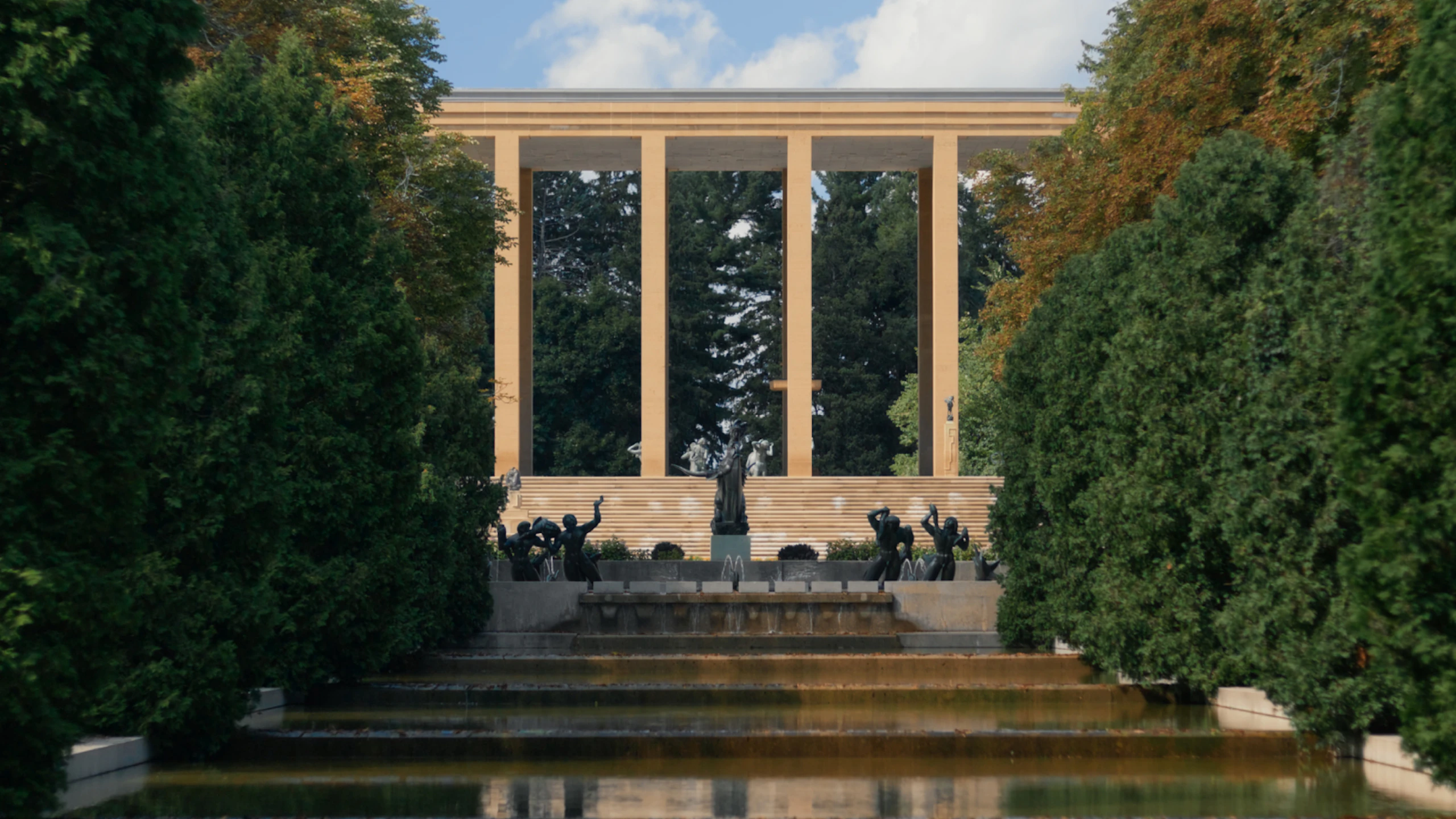 The Carl Milles “Orpheus” fountain with the Cranbrook Museum of Art behind. Cranbrook has significant meaning for the MillerKnoll, as several key designers who helped establish the design ethos for our foundational brands met there in the 1940s.