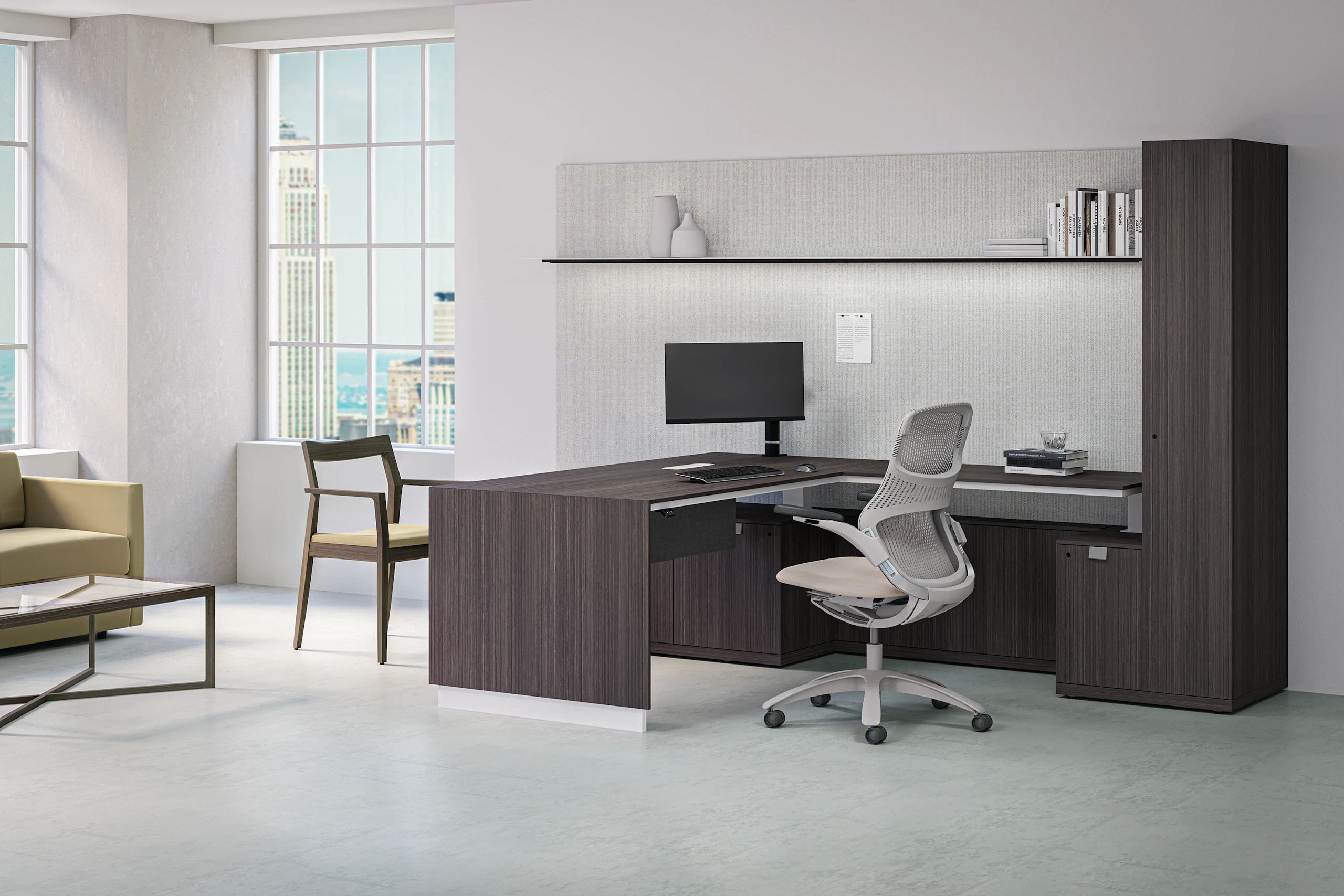 Cove Collection by Knoll individual private office shows premium veneers, a workwall with shelves and a performance task chair.