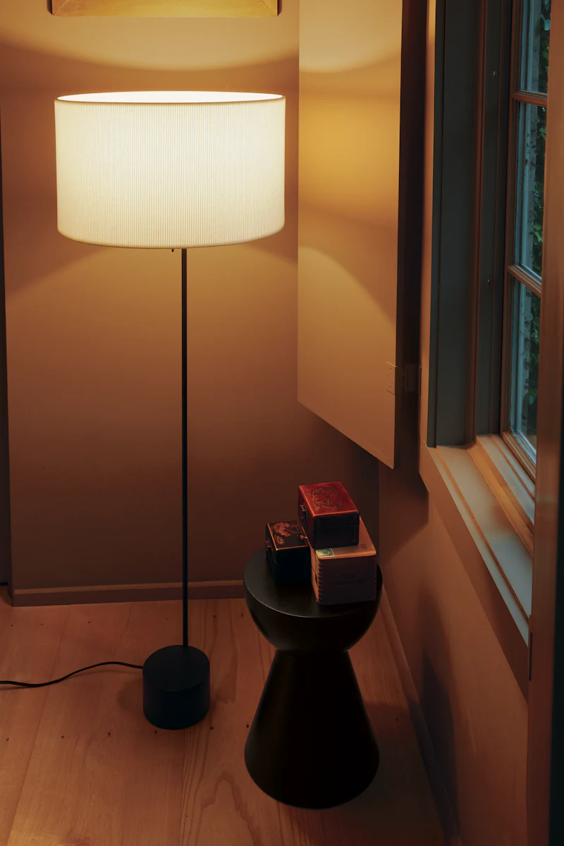 Tall black floor lamp beside a pink throw on a dark gray sofa next to a wooden coffee table
