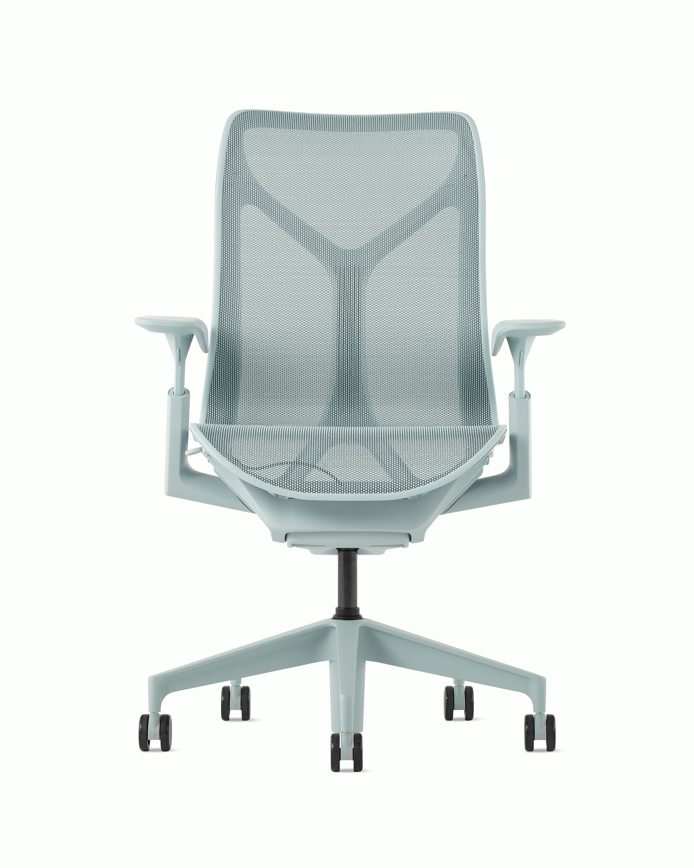 A glacier mid-back Cosm Chair with height adjustable arms.