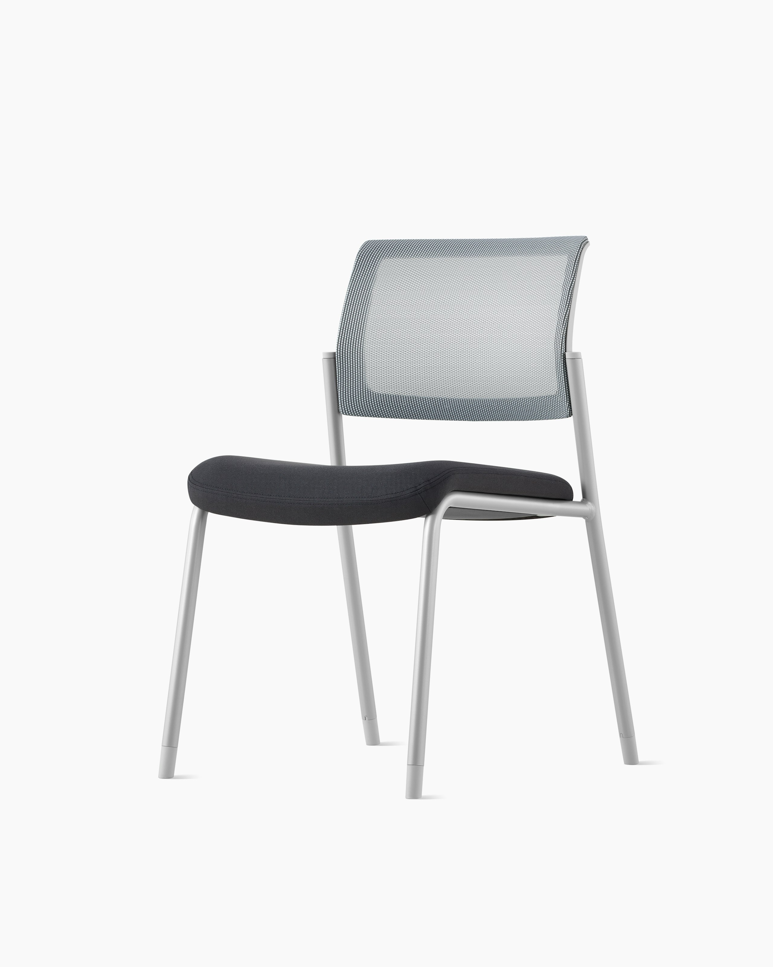 A grey Verus Side Chair with no arms, viewed at an angle.