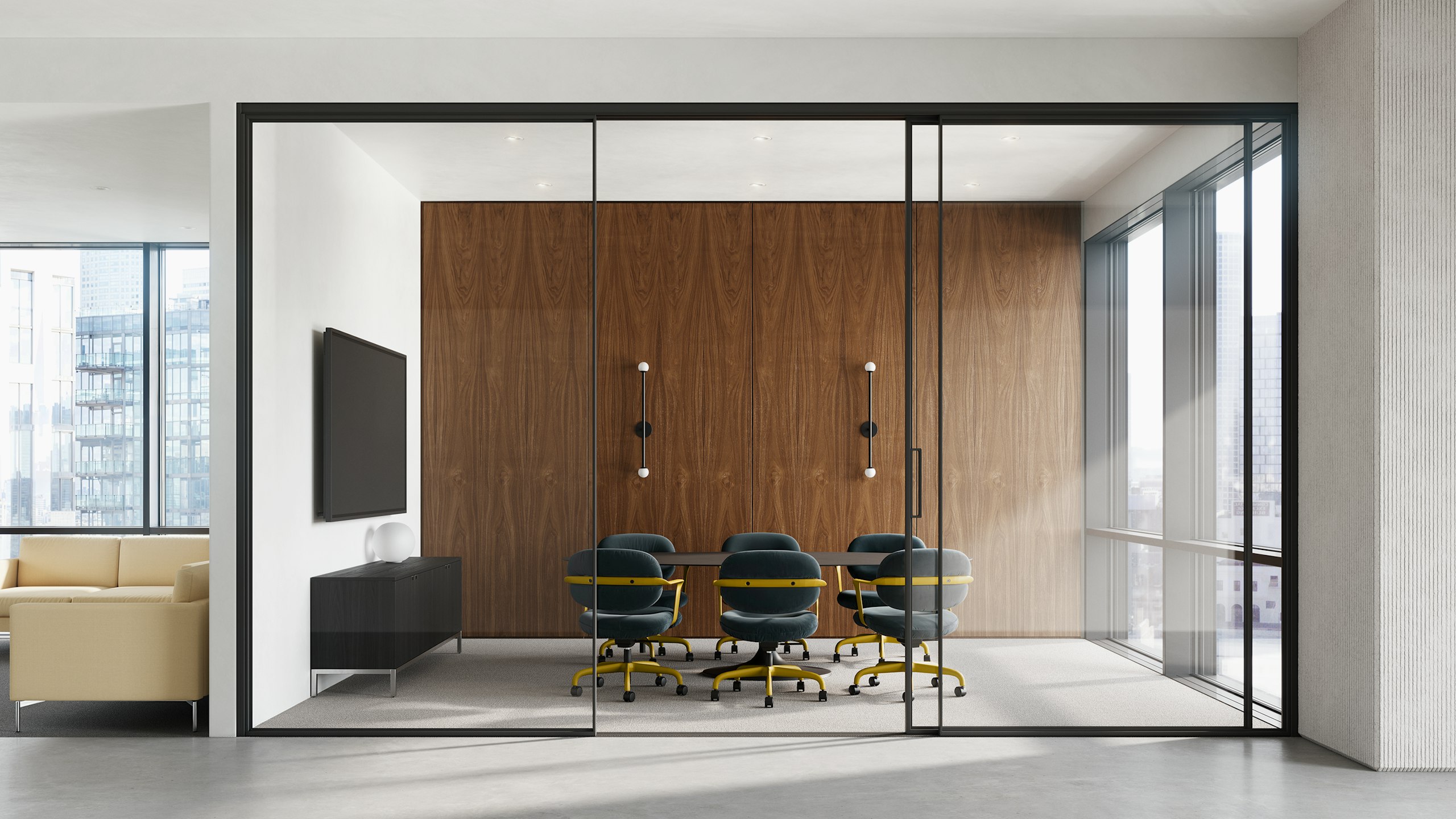 Six Morrison Hannah chairs in dark grey with yellow frame and base surround a table in a conference room.
