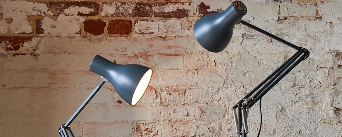 Type 75 Floor Lamp and Desk Lamp against a brick background