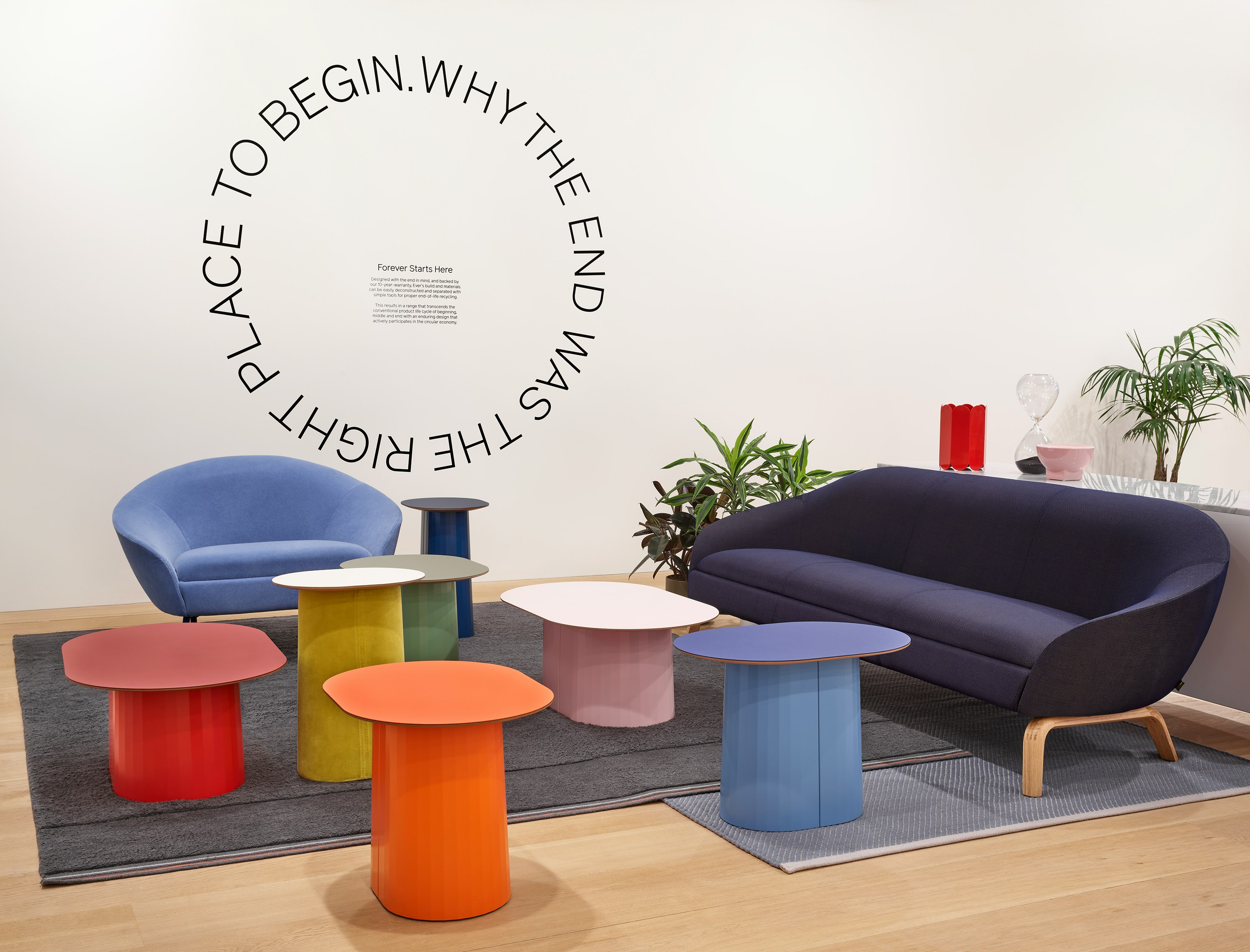 An interior image of Tun Tables and Ever Sofas at the naughtone showroom in Chicago.