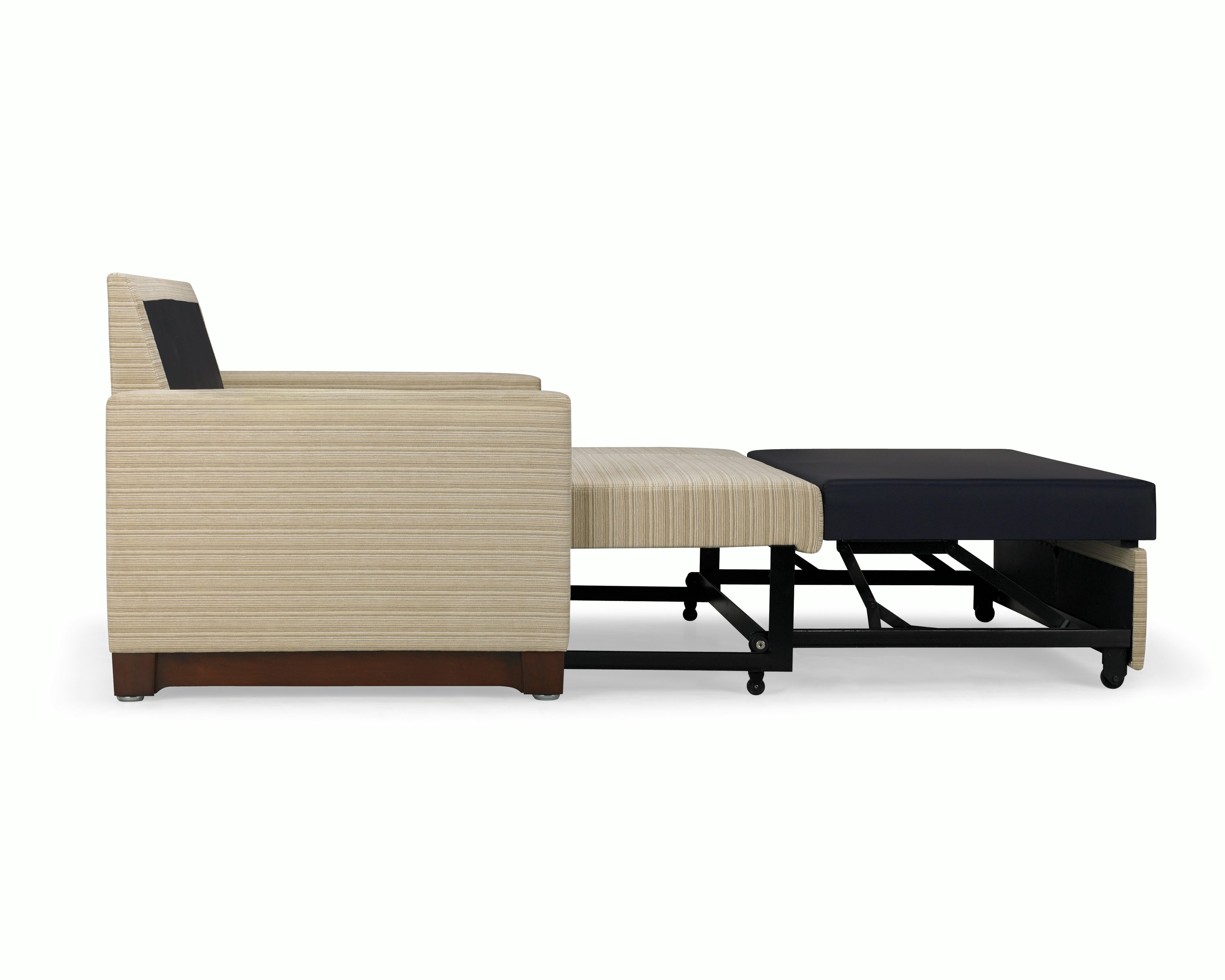 Nemschoff Beaumont Sleep Chair & Settee in tan upholstery with pull out bed in the sleep position, viewed from the side.