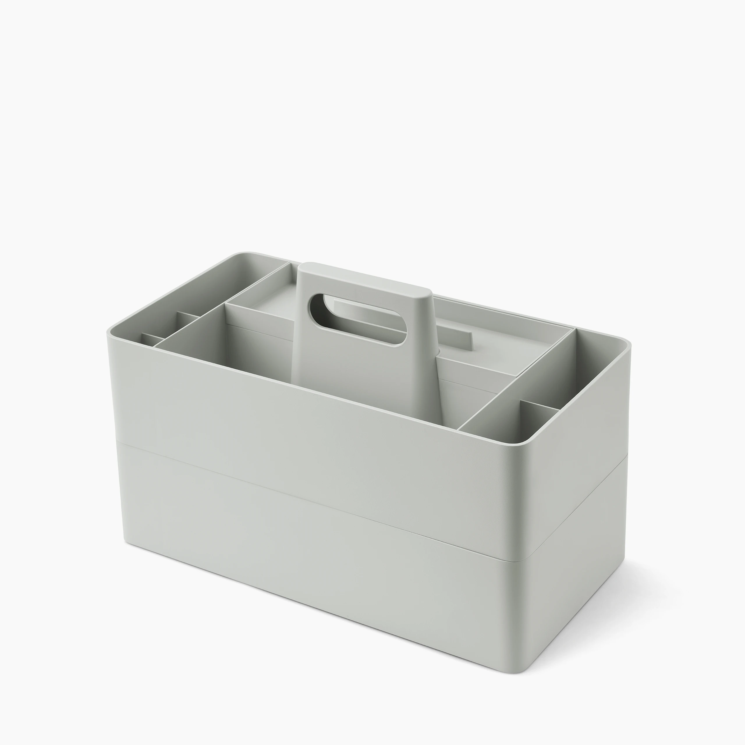 Two grey OE1 Workbox storage boxes stacked on top of each other, viewed from an angle.