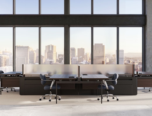 Morrison Hannah Chairs with Antenna Desks in hoteling space Morrison Hannah Chair Antenna Desk