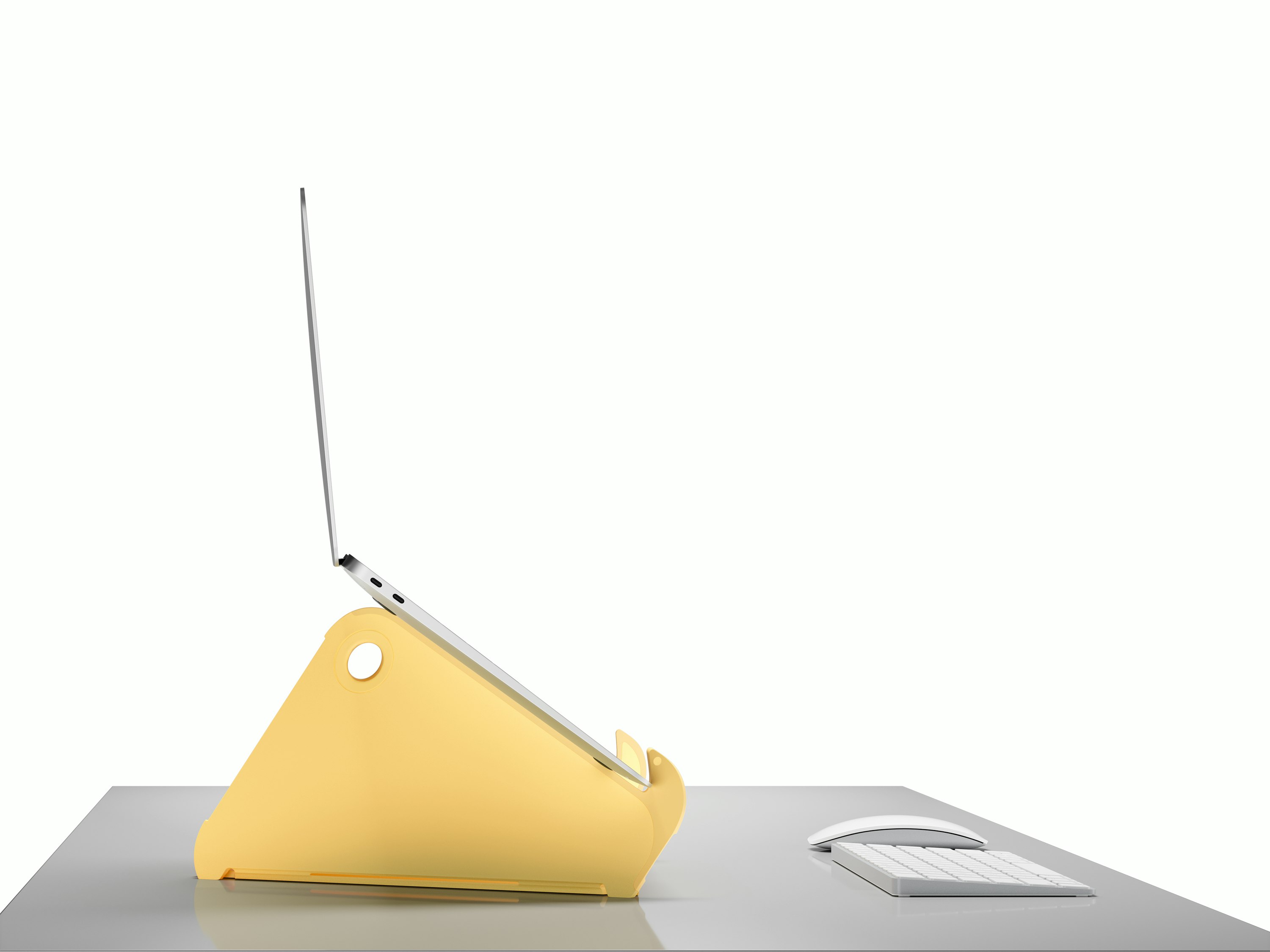 Side profile of an open and raised laptop on an Oripura Laptop Stand in yellow.