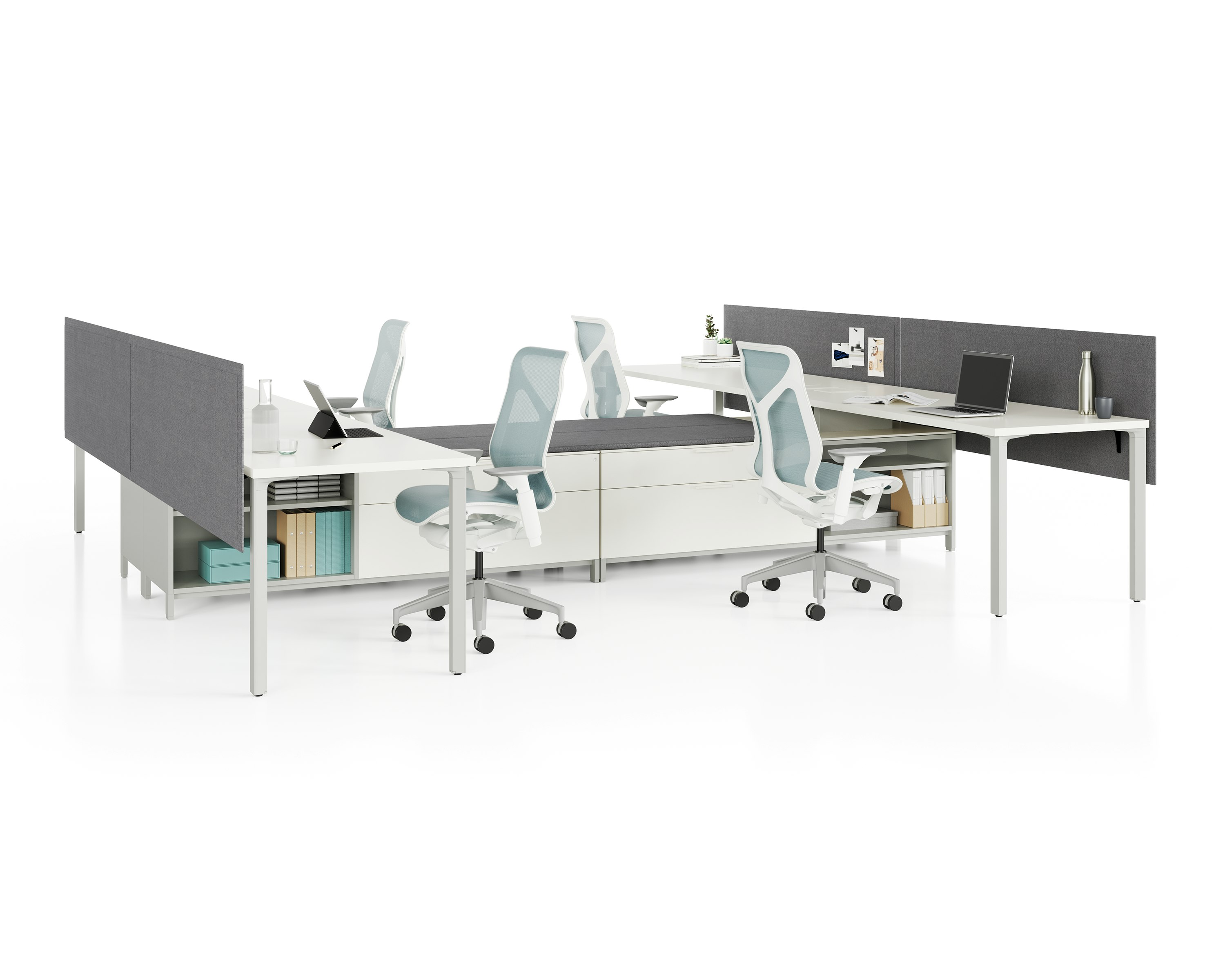 Group of four Canvas Storage workstations with white surfaces, grey screens, and light blue Cosm Chairs.