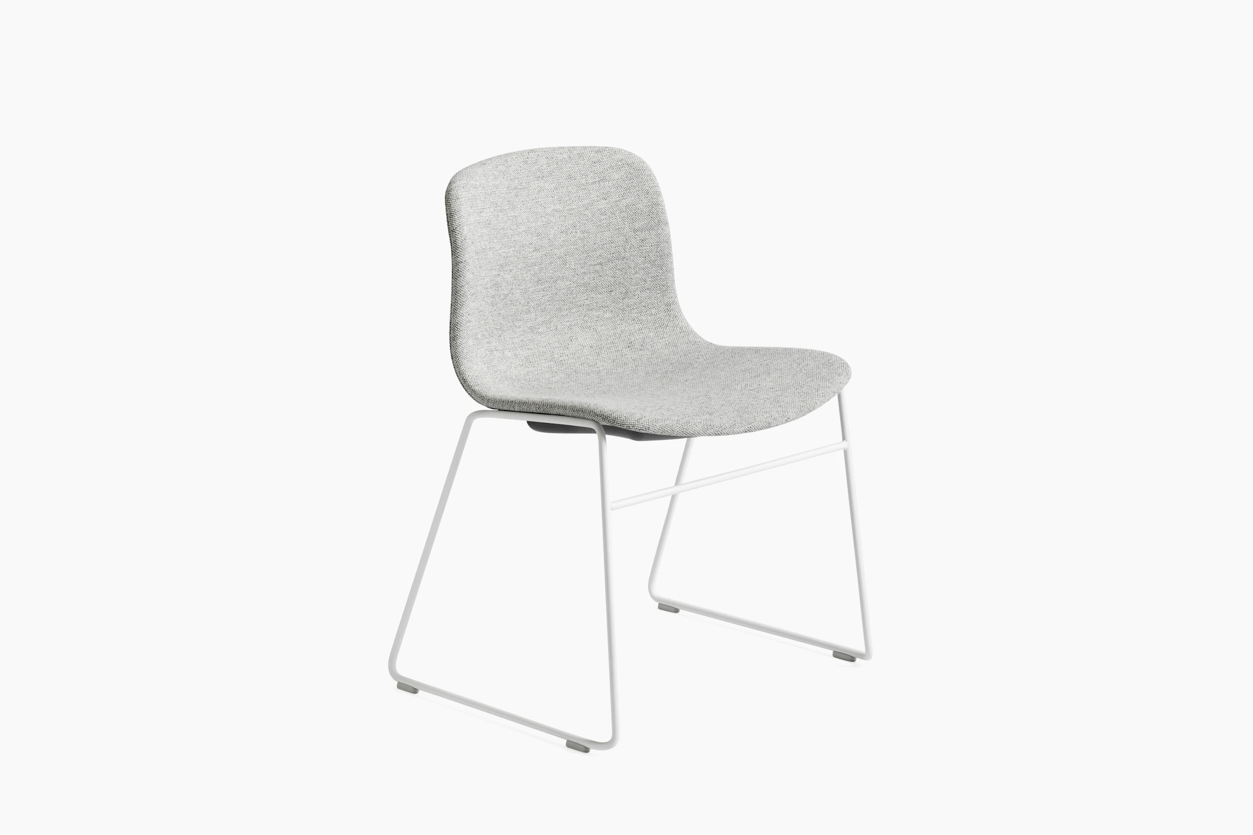 About A Chair grey upholstered seat shell on white wireframe sled base, front angled view.