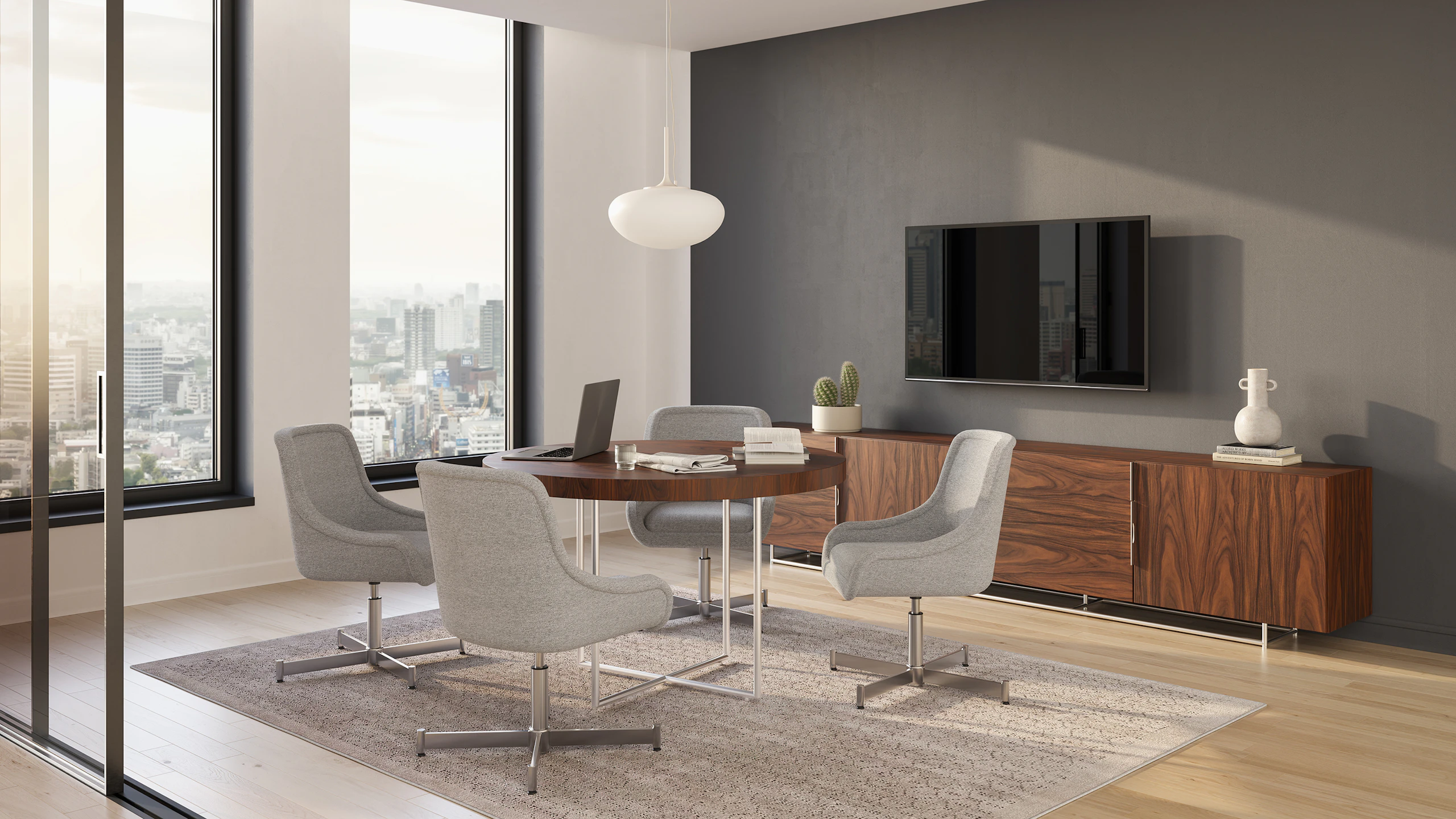 Bumper Side Chair with Low Arms in a meeting room environment with a Domino Meeting Table.