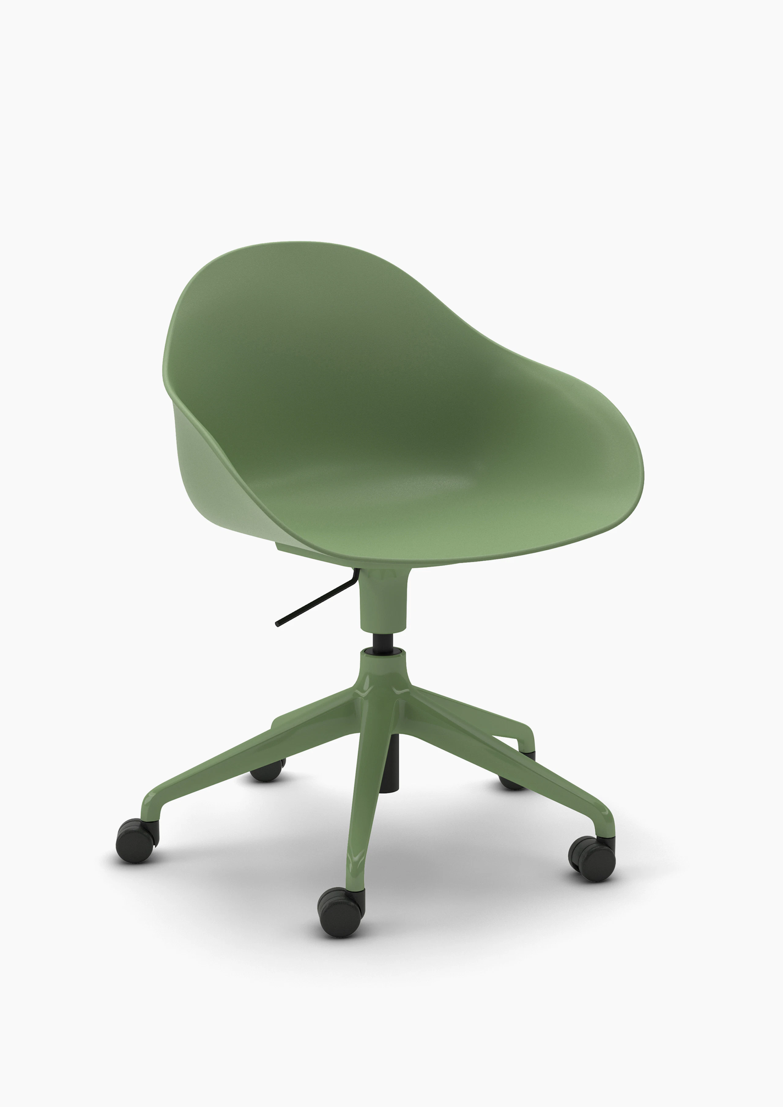 A three-quarter view of a green Ruby Chair on matching 5-star base with casters.