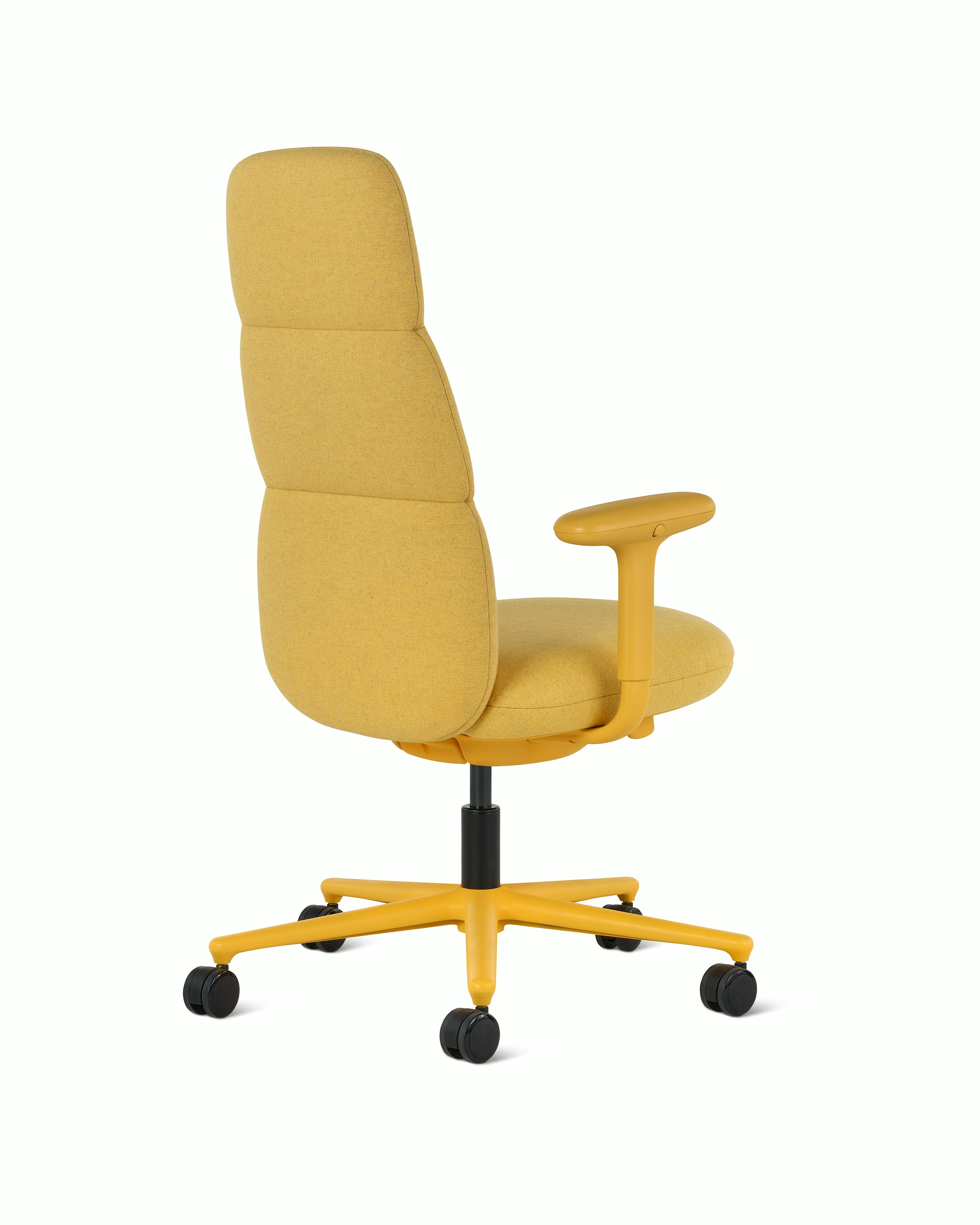 Rear angle view of a high-back Asari chair by Herman Miller in yellow with height adjustable arms.
