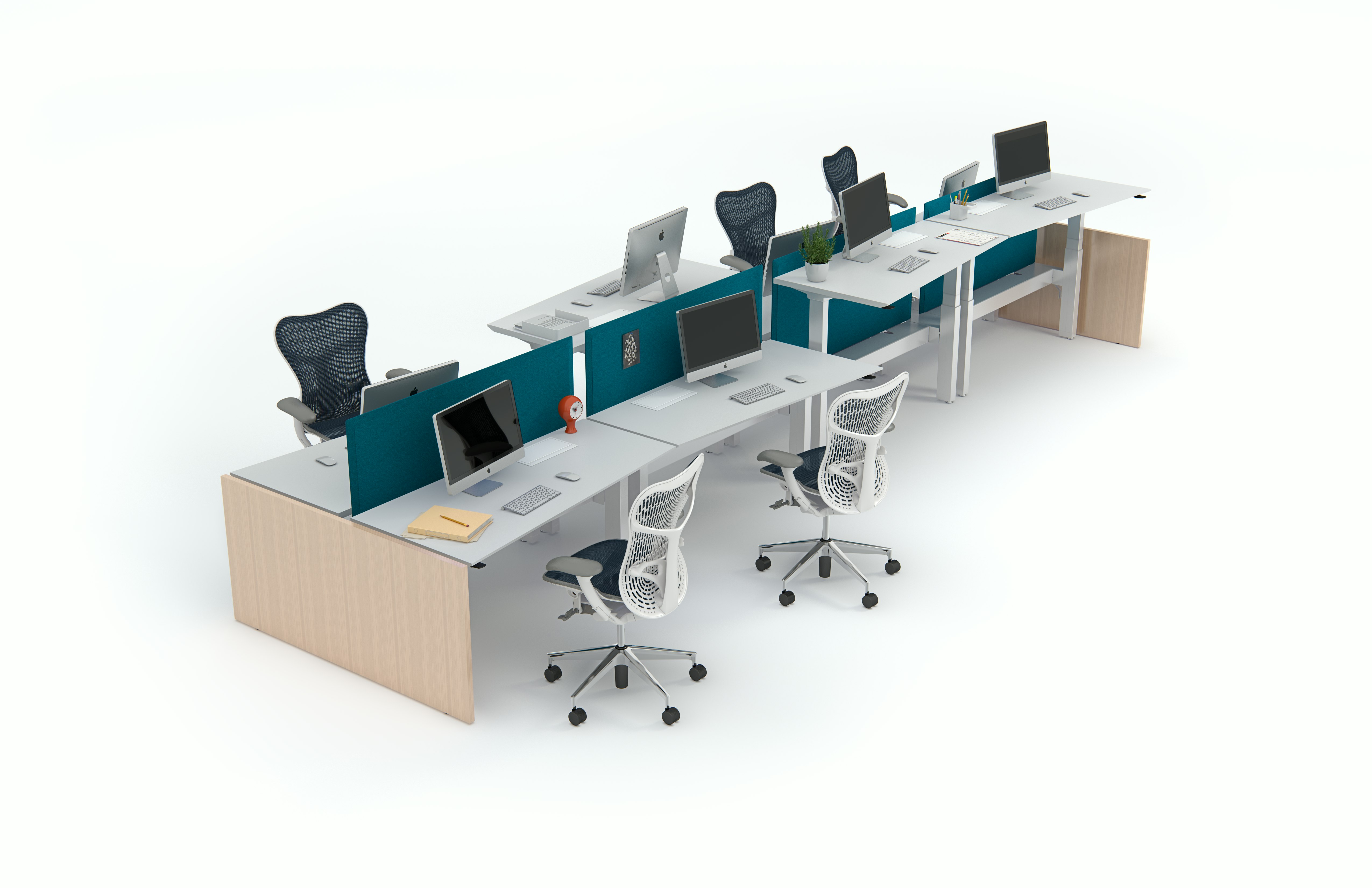 Renew Link with trapezoid tops and eight different workspaces in benching configuration.