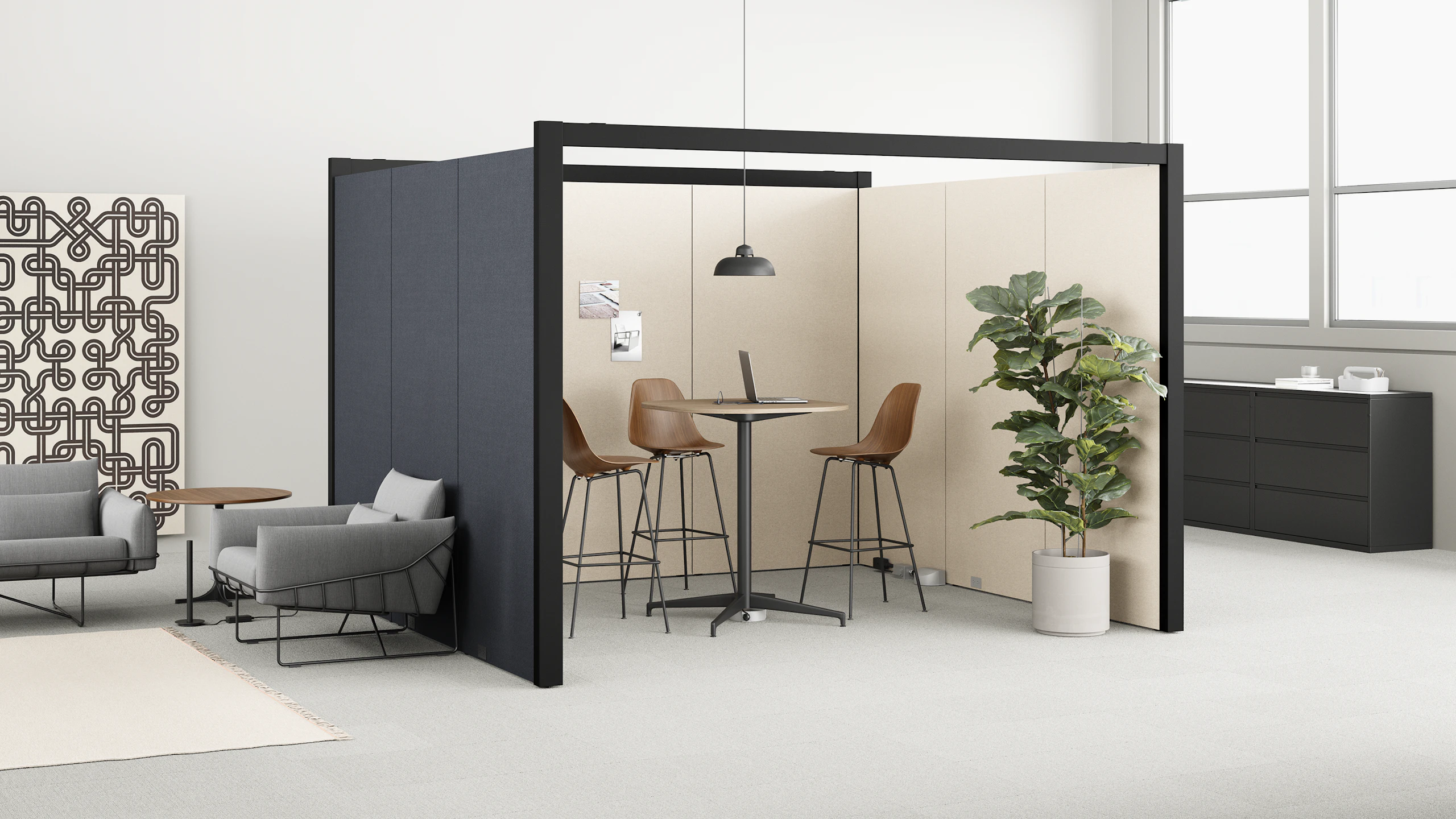 An Eames Table and three Eames Molded Wood Stools in an open Overlay meeting room with beige walls. Bordered by 2 grey Wireframe Chairs and Logic Micro Towers.