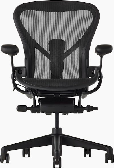 Black matte Aeron Chair on a white background with a 5-star base and ergonomic back support, viewed from the front.