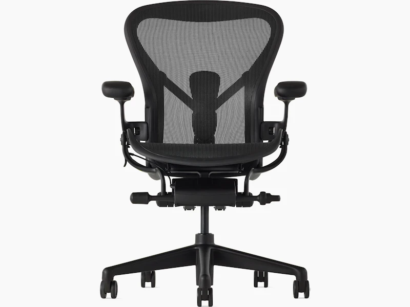 Black matte Aeron Chair on a white background with a 5-star base and ergonomic back support, viewed from the front.