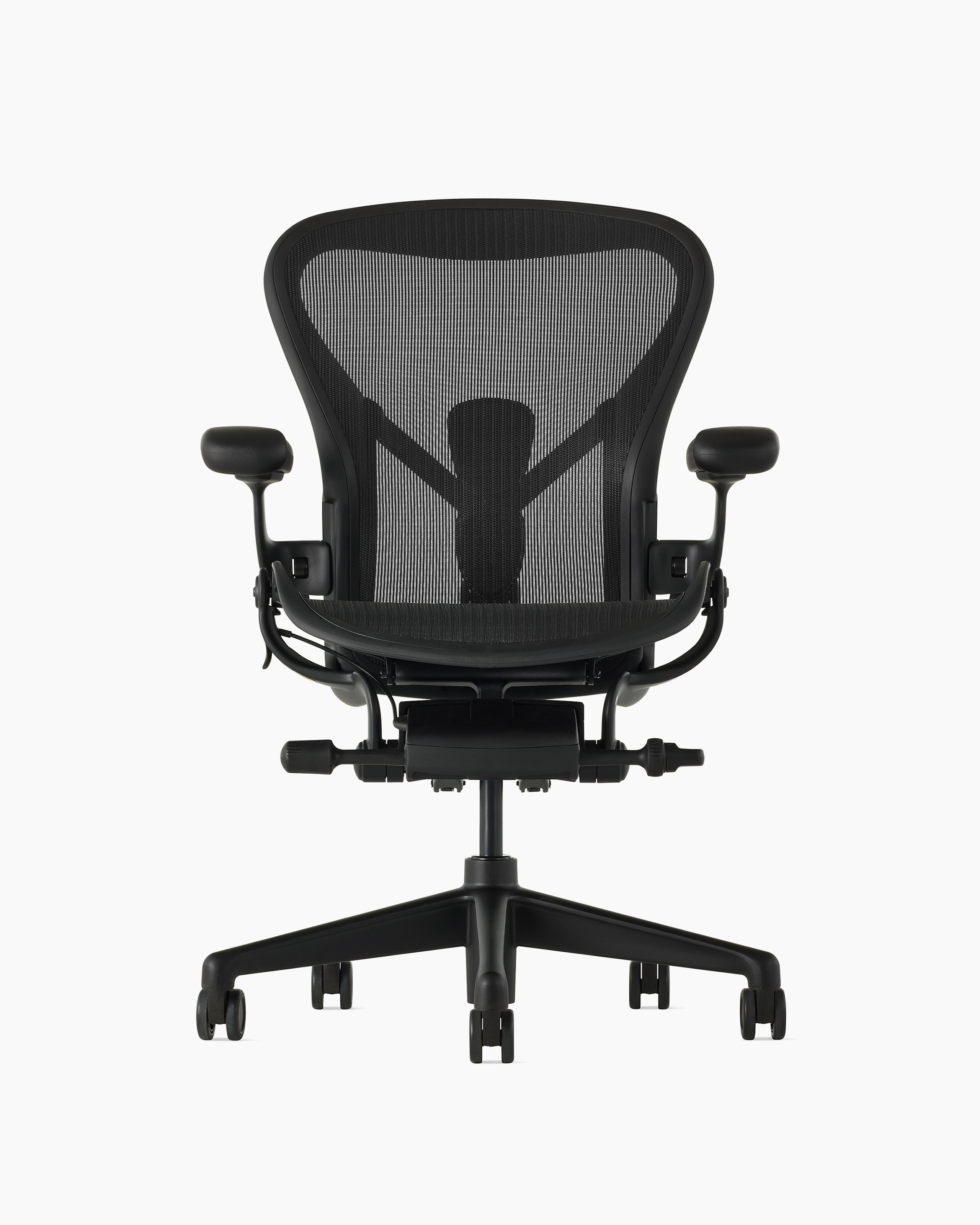 Black matte Aeron Chair on a white background with a 5-star base and ergonomic back support, viewed from the front.