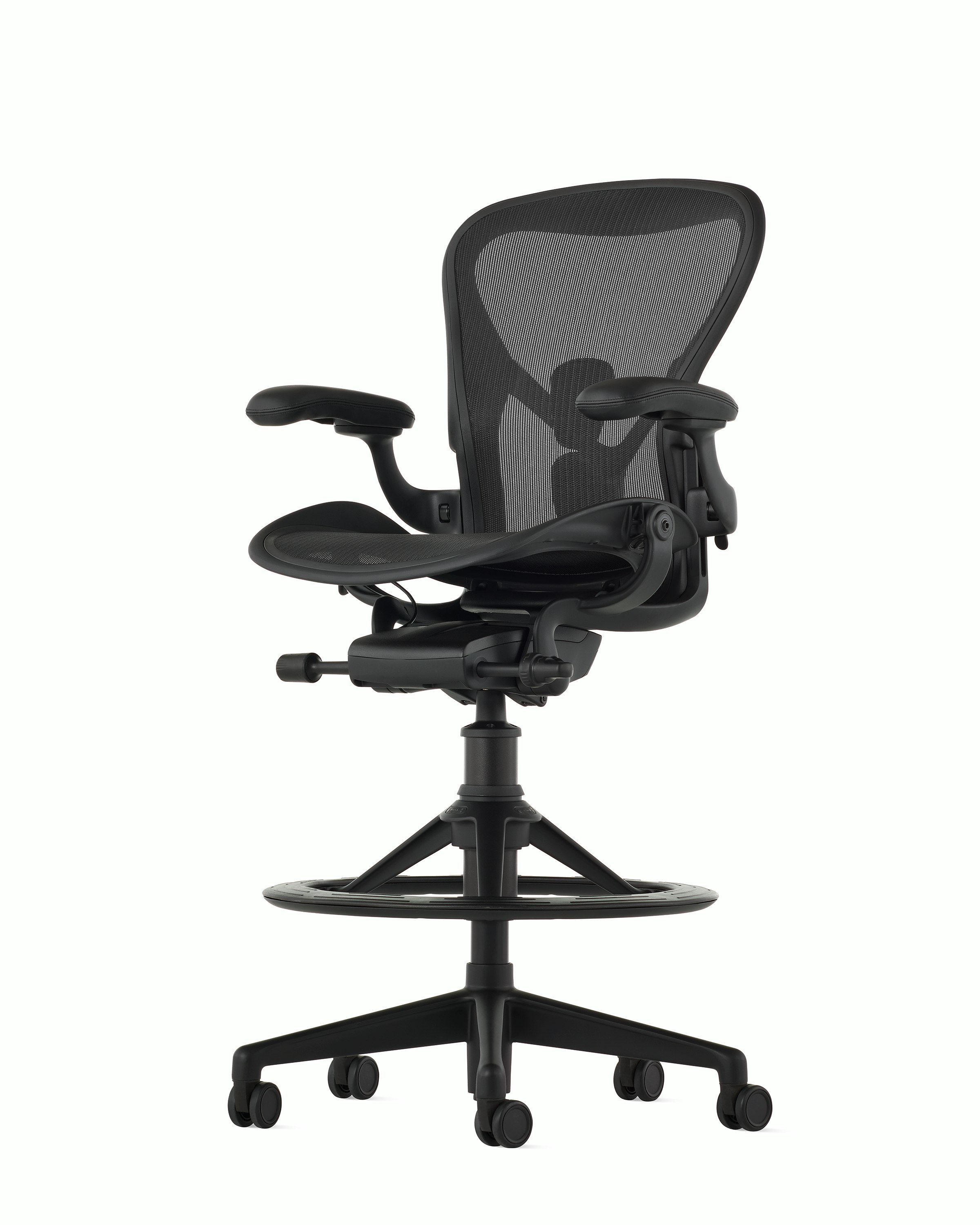 Black matte Aeron Stool on a white background with a 5-star base and ergonomic back support, angled view of the stool front.