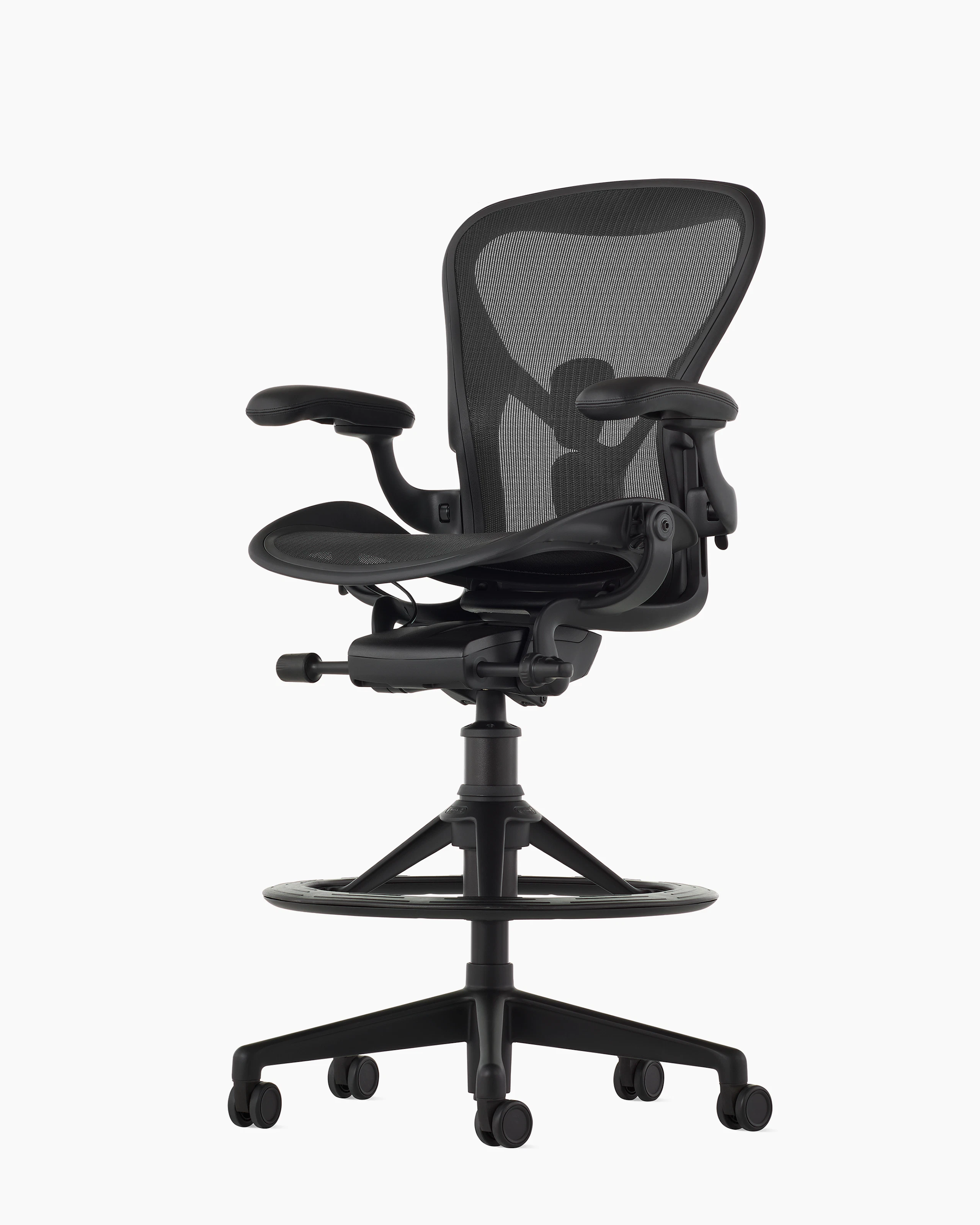 Black matte Aeron Stool on a white background with a 5-star base and ergonomic back support, angled view of the stool front.