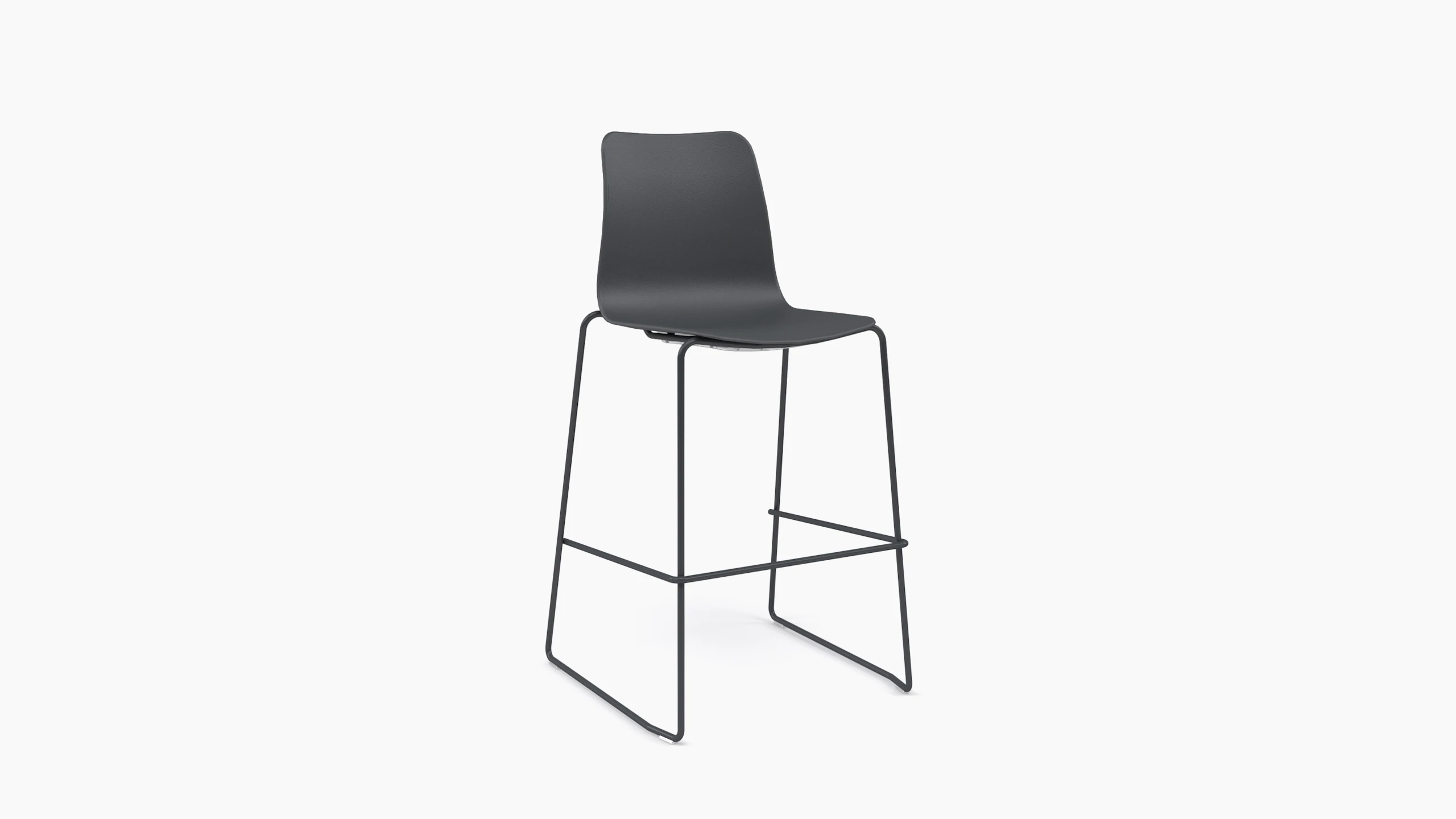 Three quarter view of black grey polypropylene Polly barstool on black grey metal sled base.