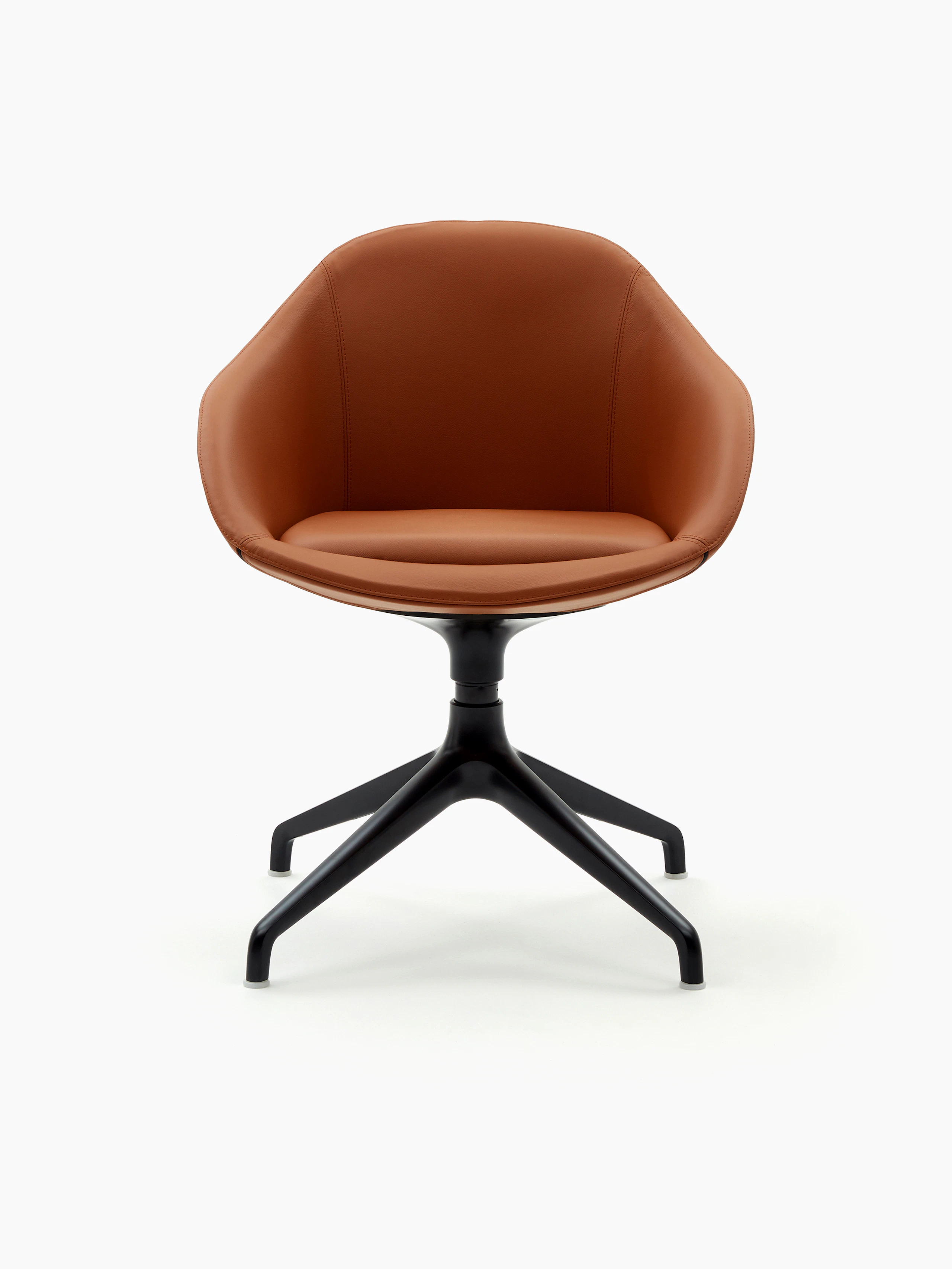A naughtone Always Side Chair upholstered in brown leather with a black steel 4-star base.