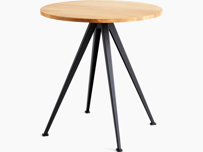 A front view of the Pyramid Cafe Table- round with Oak top and black frame.
