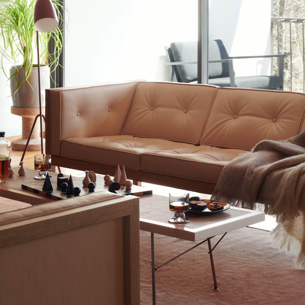 Nelson Cube Sofa - 80 in, Nelson Cane Bench, Nelson Fireplace Tools, Grasshopper Floor Lamp, Man Ray Chess Set, Pallo Flatweave Linen Rug