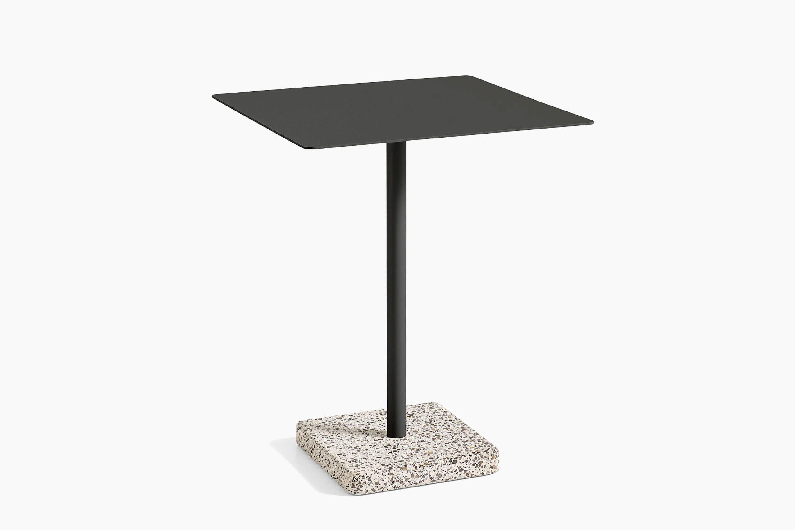 A square Terrazzo table in black with a light grey Terrazzo base.