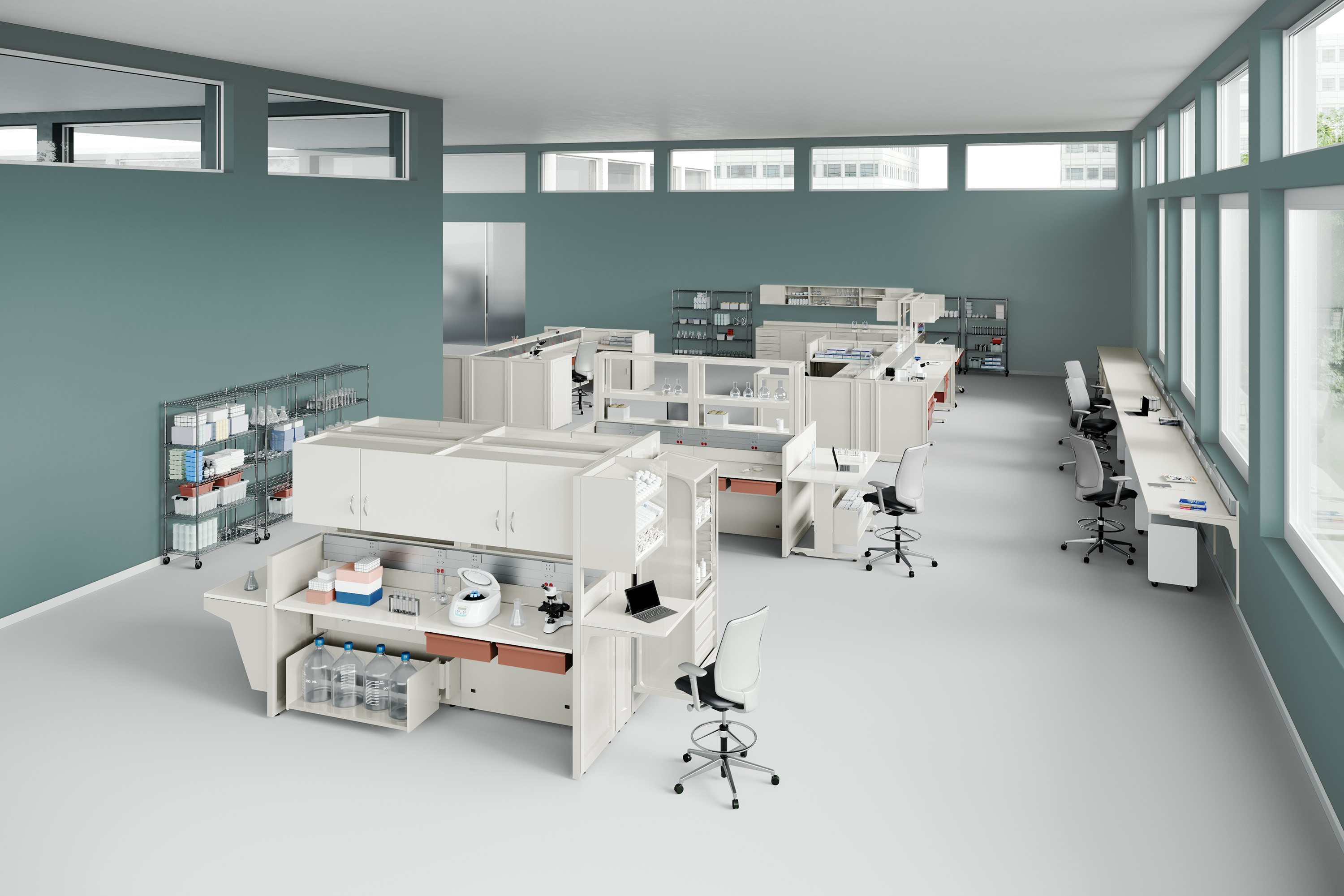 A clinical laboratory with Co/Struc in a soft white finish and drawers in terra cotta with Verus Stools. Eagle Open Wire Shelving and Mora System are along the walls.