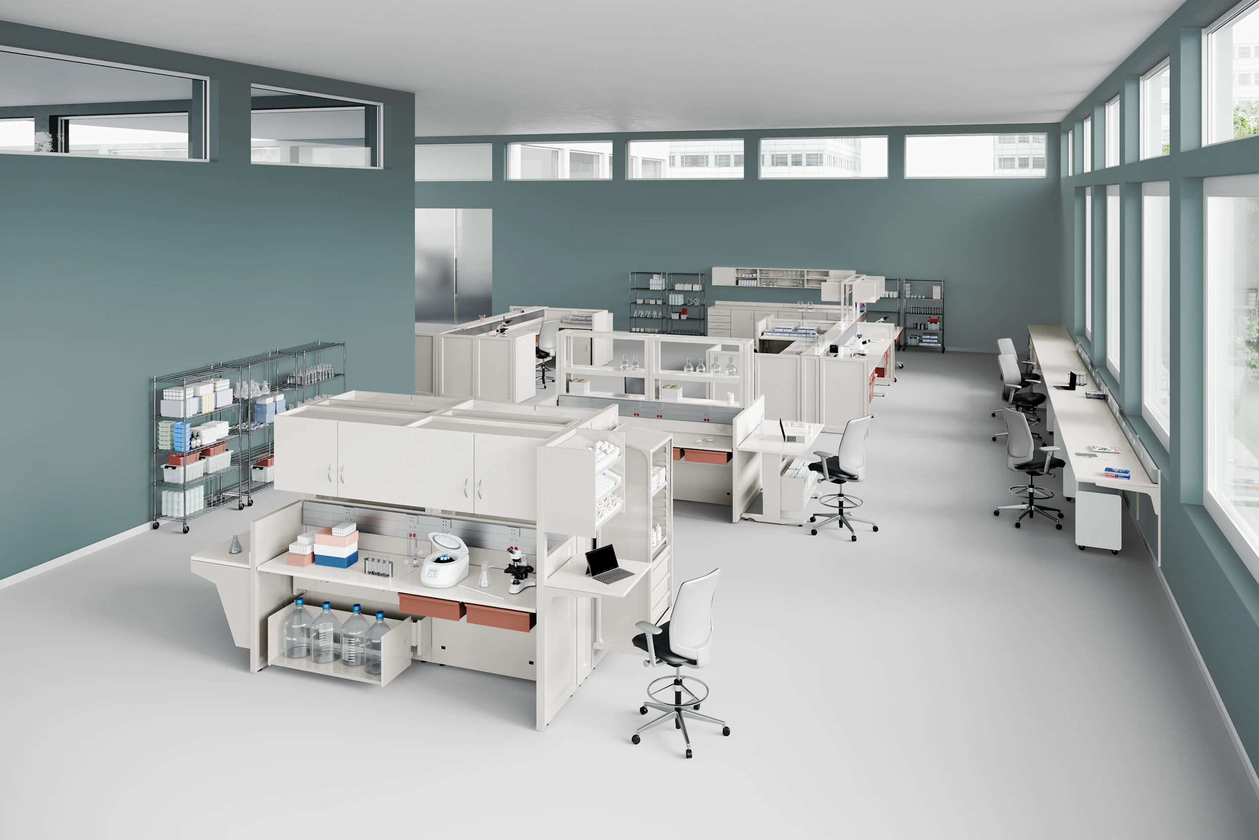 A clinical laboratory with Co/Struc in a soft white finish and drawers in terra cotta with Verus Stools. Eagle Open Wire Shelving and Mora System are along the walls.