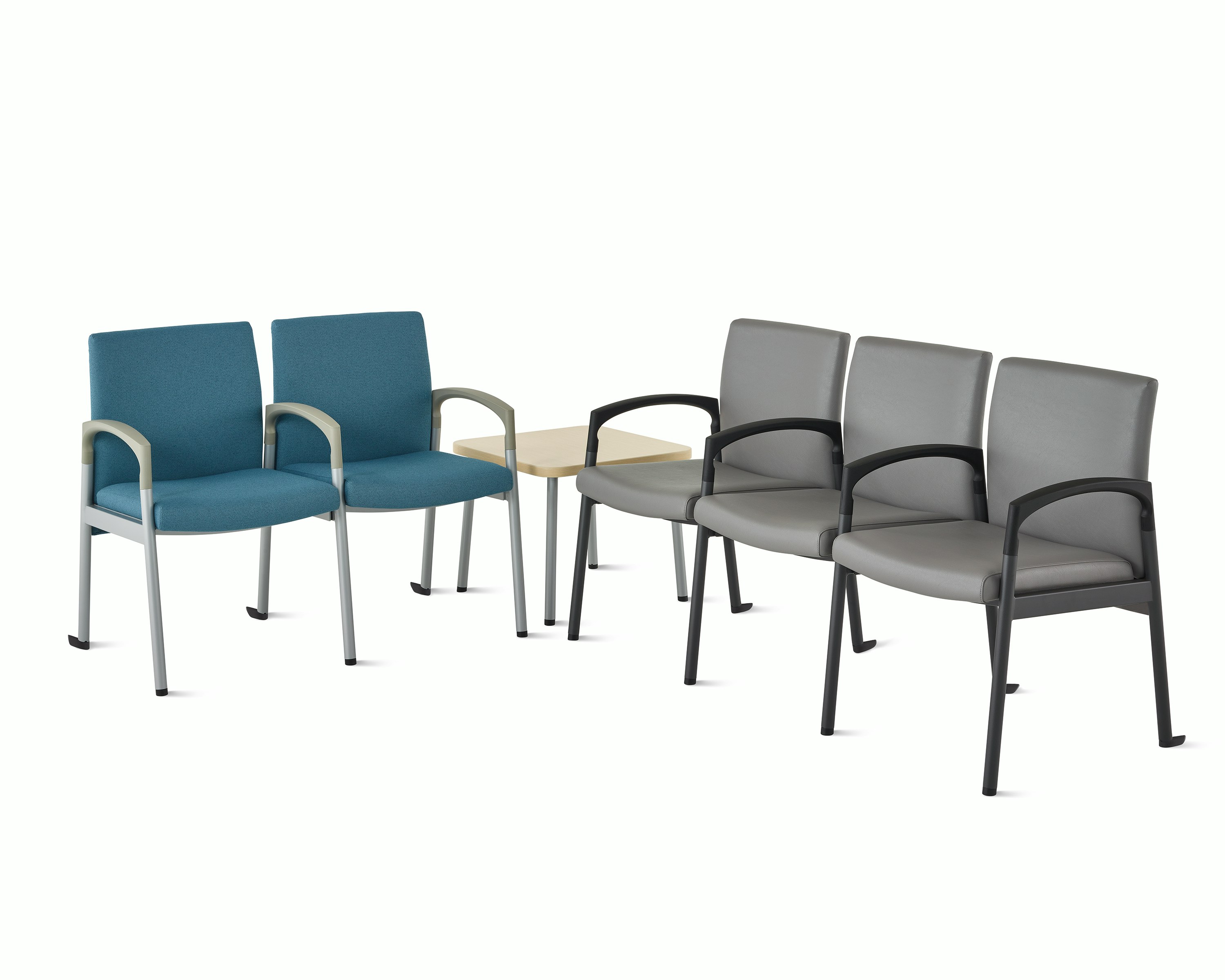 Valor two-seat multiple seating in blue with a silver frame, along with a Valor three-seat multiple seating in dark gray with black frame, and a Valor side table in ash wood laminate top and silver frame.