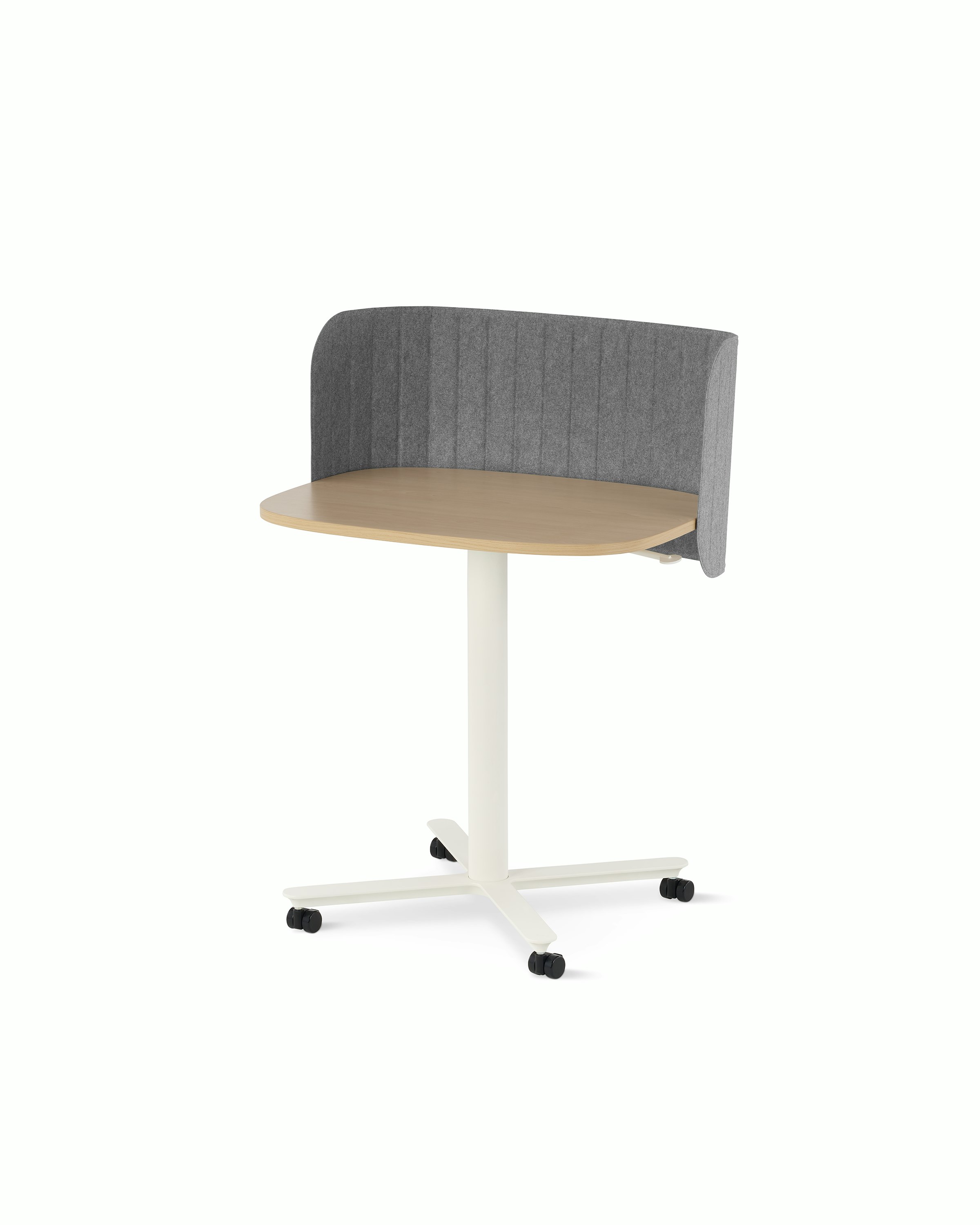 Large Passport Work Table with light woodgrain surface and white base shown on casters with a light grey screen.