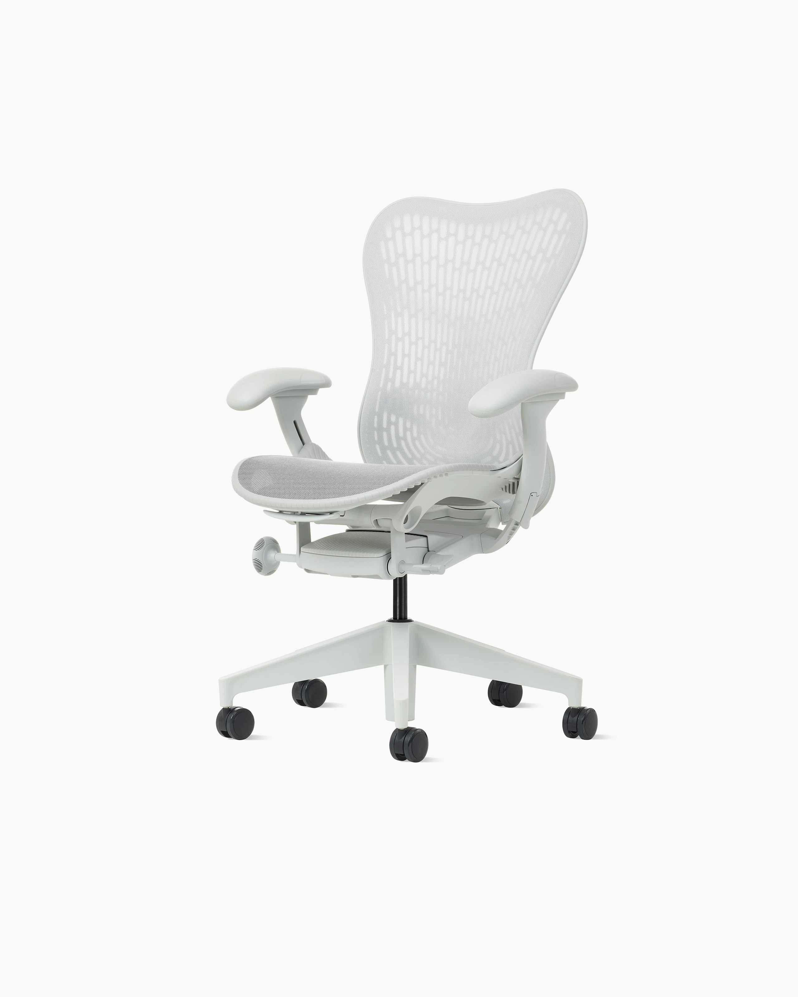 Front angle view of a Mirra 2 chair with a Butterfly back in alpine and a silver alloy base.