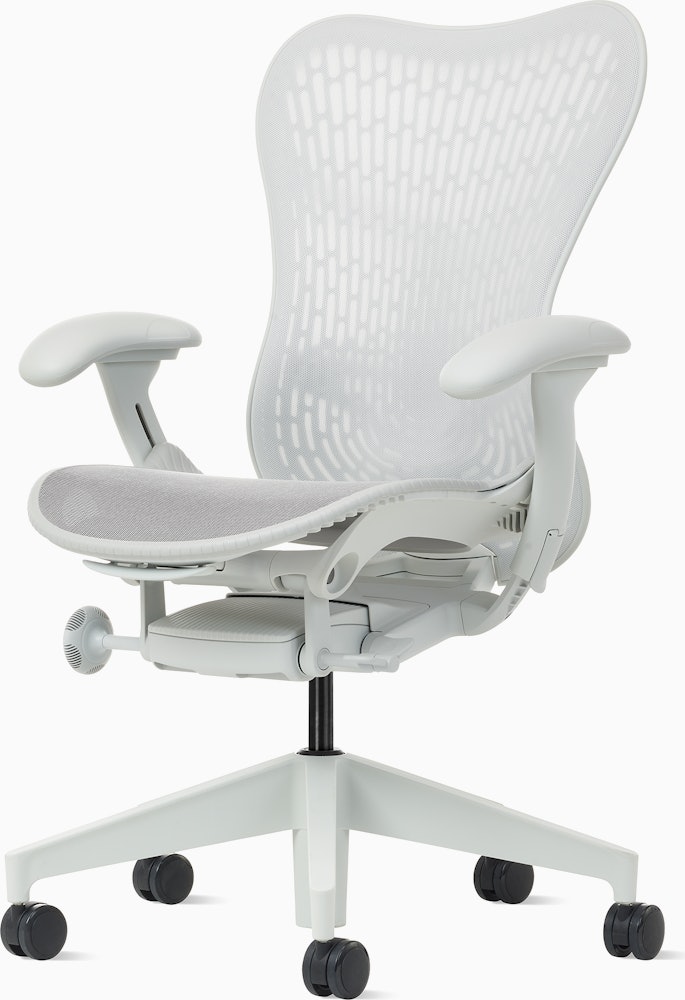 Front angle view of a Mirra 2 chair with a Butterfly back in alpine and a silver alloy base.