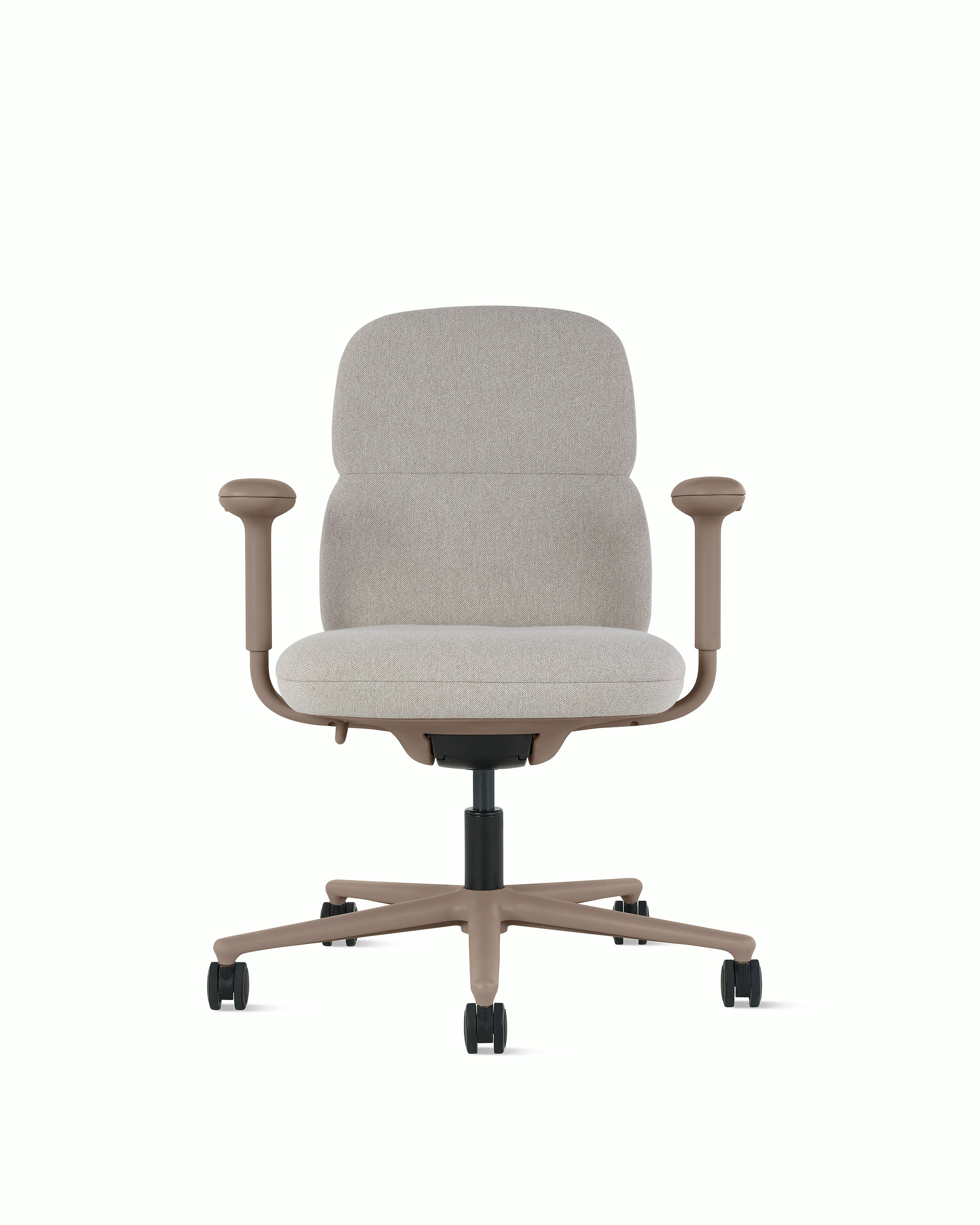 Front view of a mid-back Asari chair by Herman Miller in light brown with height adjustable arms.