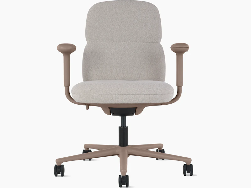 Front view of a mid-back Asari chair by Herman Miller in light brown with height adjustable arms.