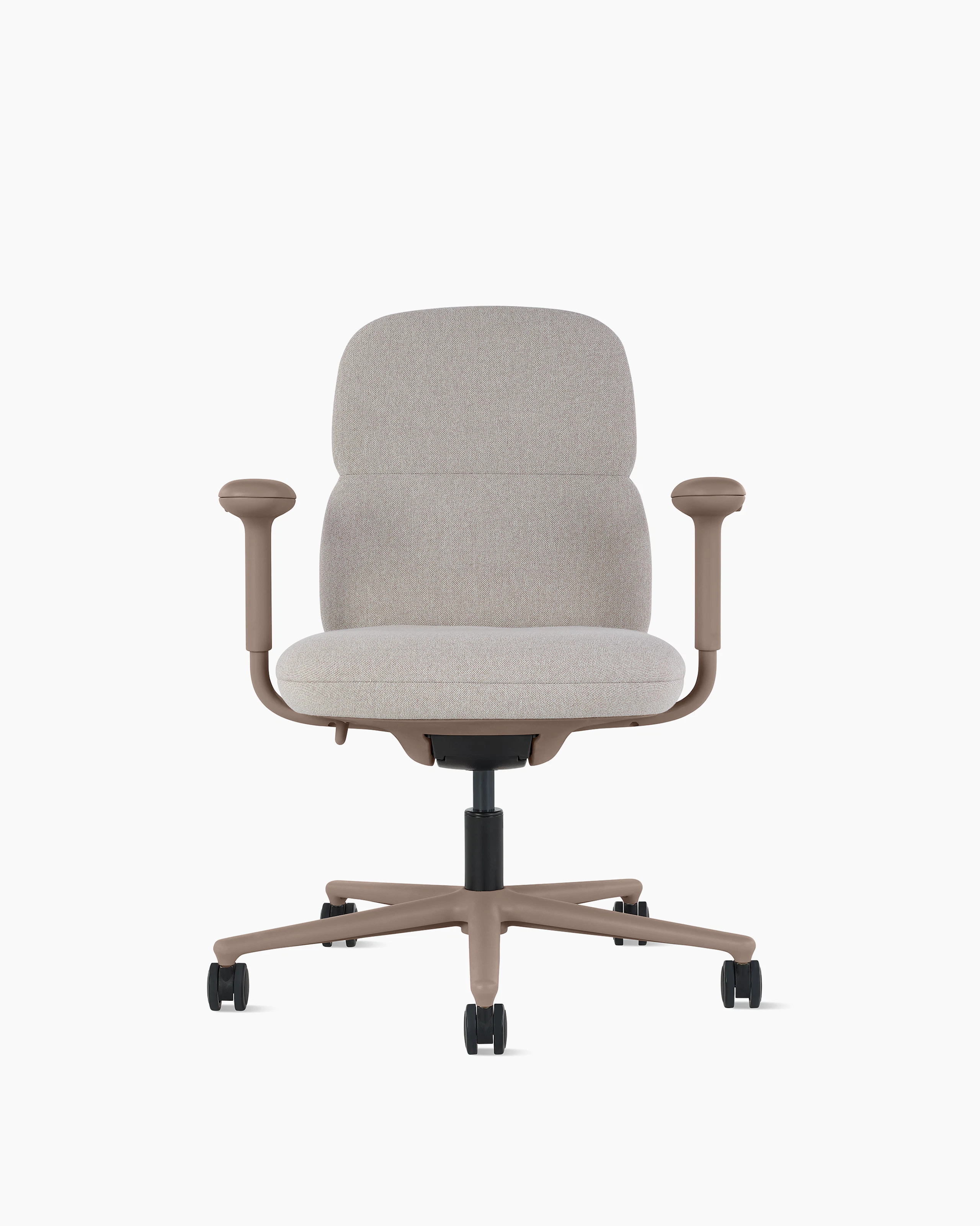 Front view of a mid-back Asari chair by Herman Miller in light brown with height adjustable arms.