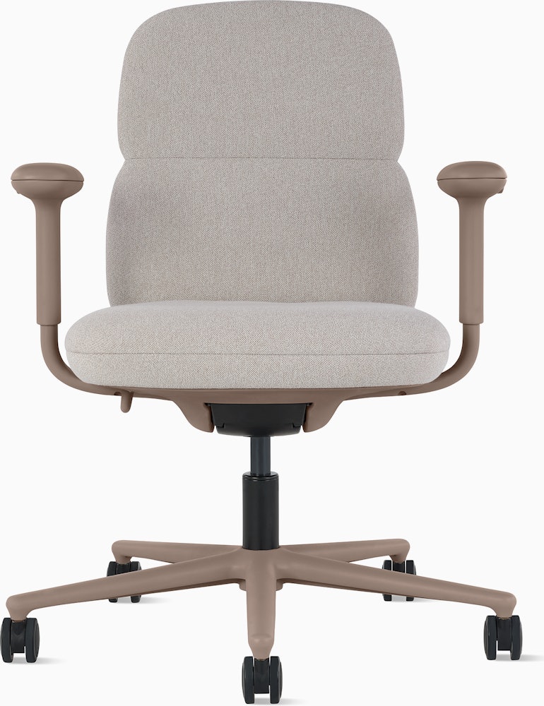 Front view of a mid-back Asari chair by Herman Miller in light brown with height adjustable arms.