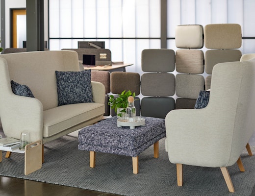 rockwell unscripted highback settee highback chair lounge modular lounge ottoman lap tray tell screens individual refuge enclave privacy screen space delineation muuto ply rug muuto accessories 