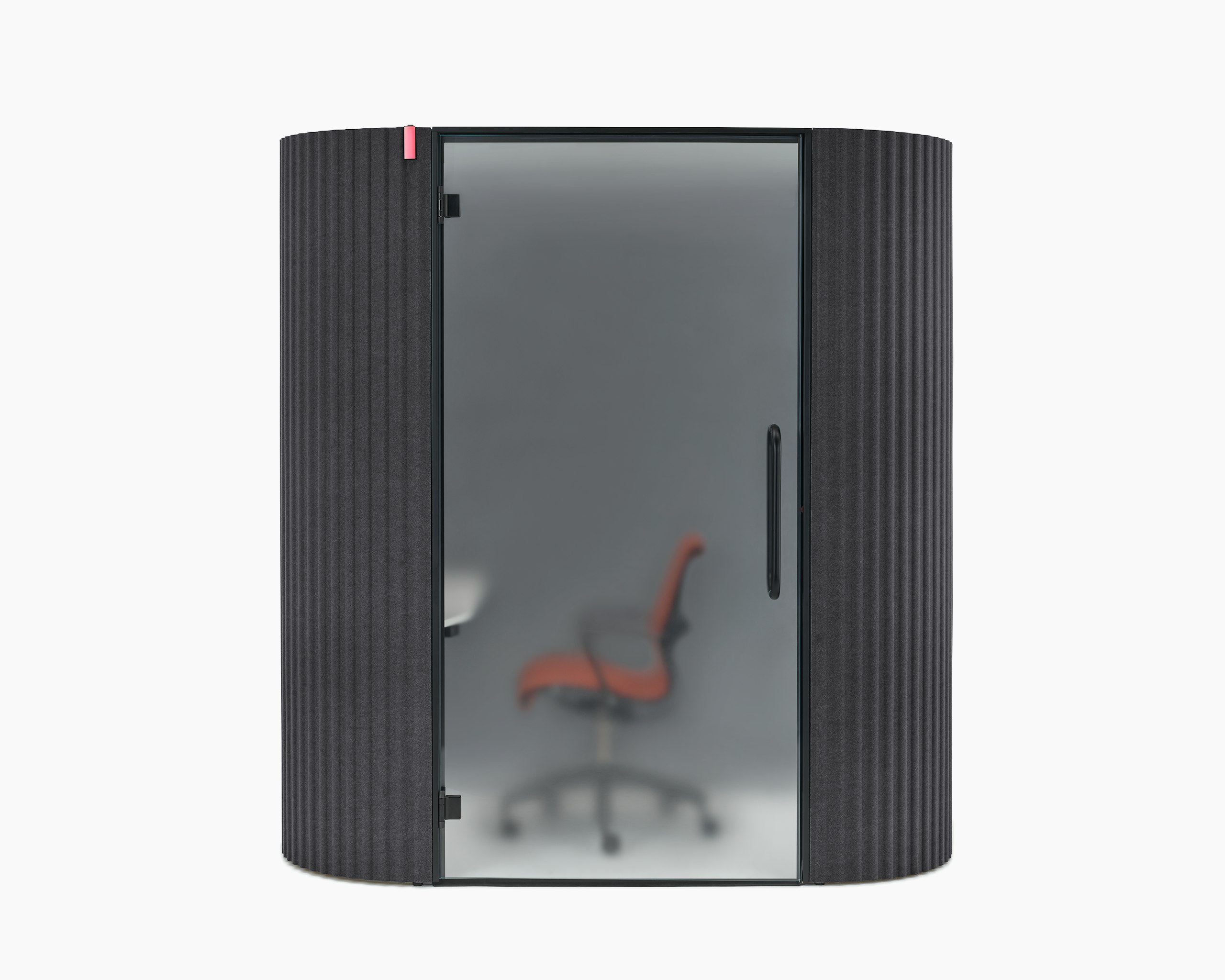 A front view of the Bay Work Pod with frosted glass door and lit occupancy sensor.