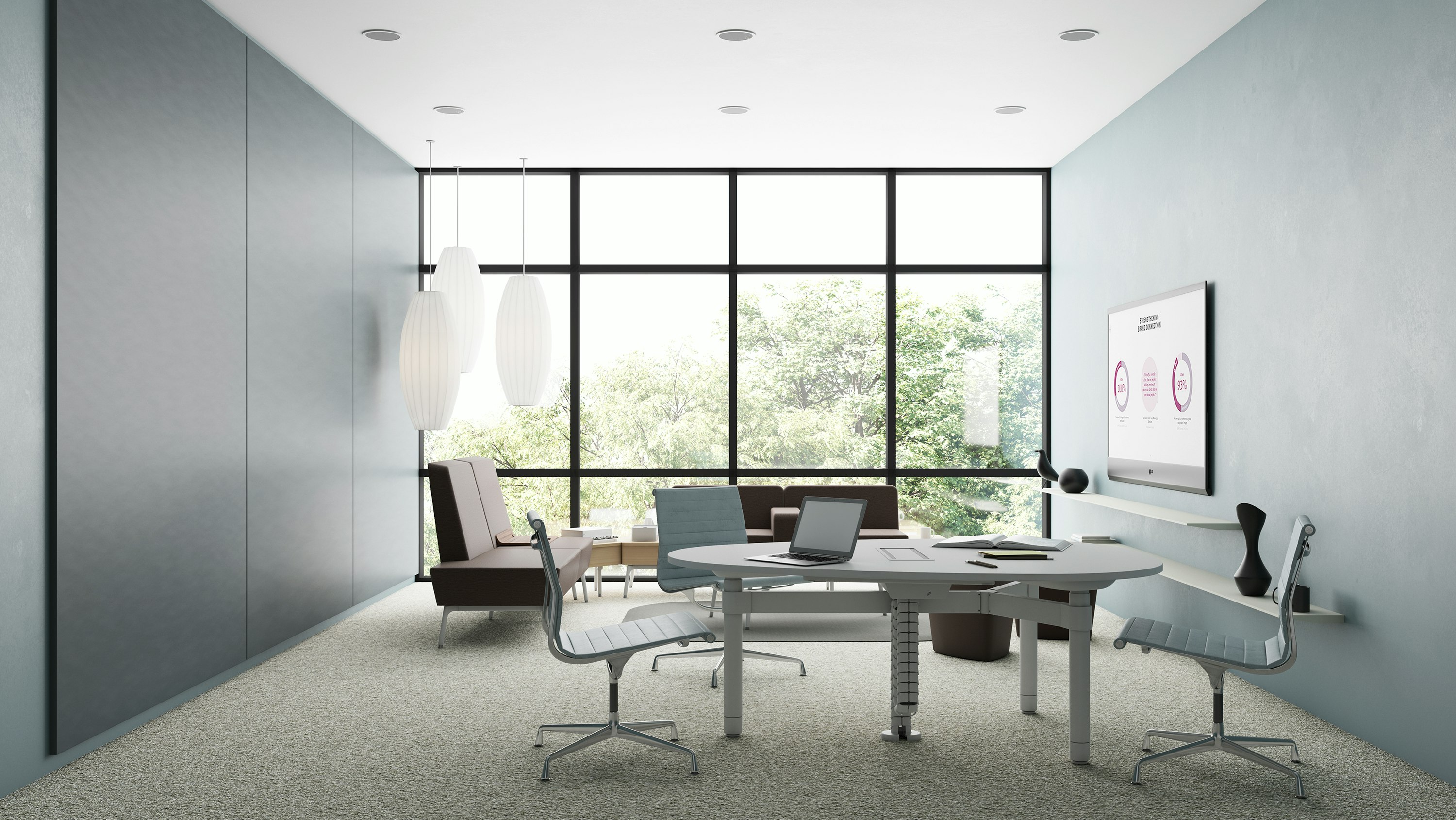 An enclosed meeting space setting featuring a Shift Levels guitar pick table with Eames Aluminium Group Chairs, Sabha Collaborative Seating and Nelson Bubble Lamps are in the background.