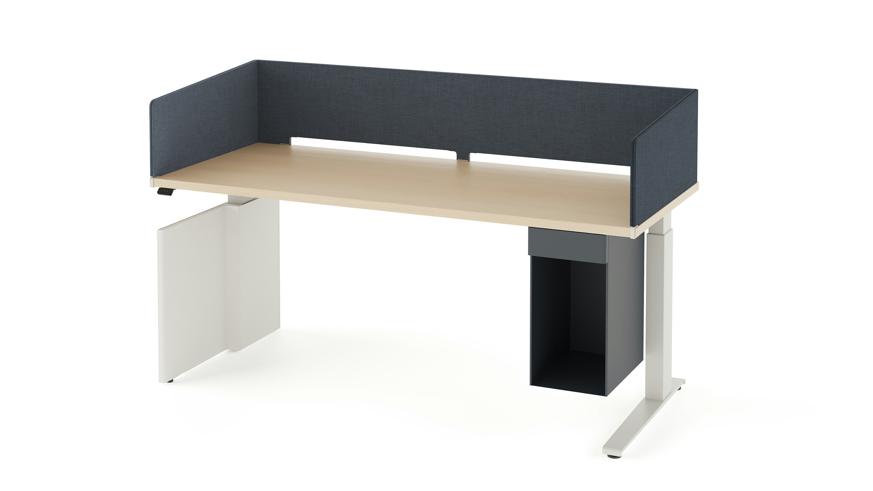 Open, navy metal storage attached to laminate surface of desk with navy fabric wrapped screen.