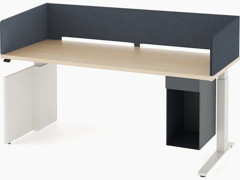 Open, navy metal storage attached to laminate surface of desk with navy fabric wrapped screen.