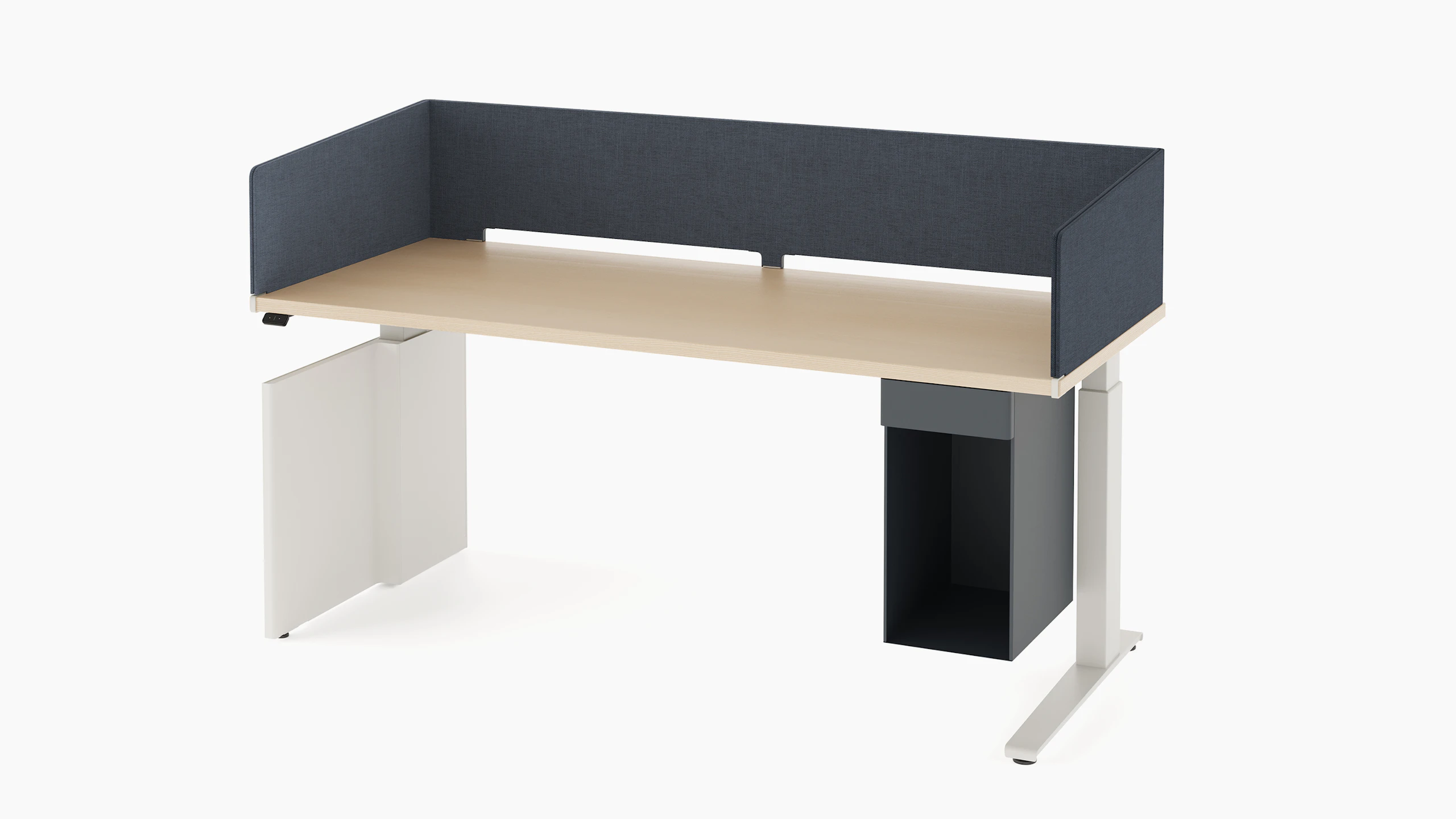 Open, navy metal storage attached to laminate surface of desk with navy fabric wrapped screen.