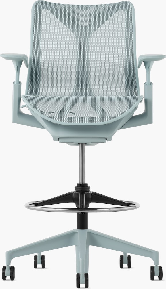 A glacier Cosm Stool with height-adjustable arms.