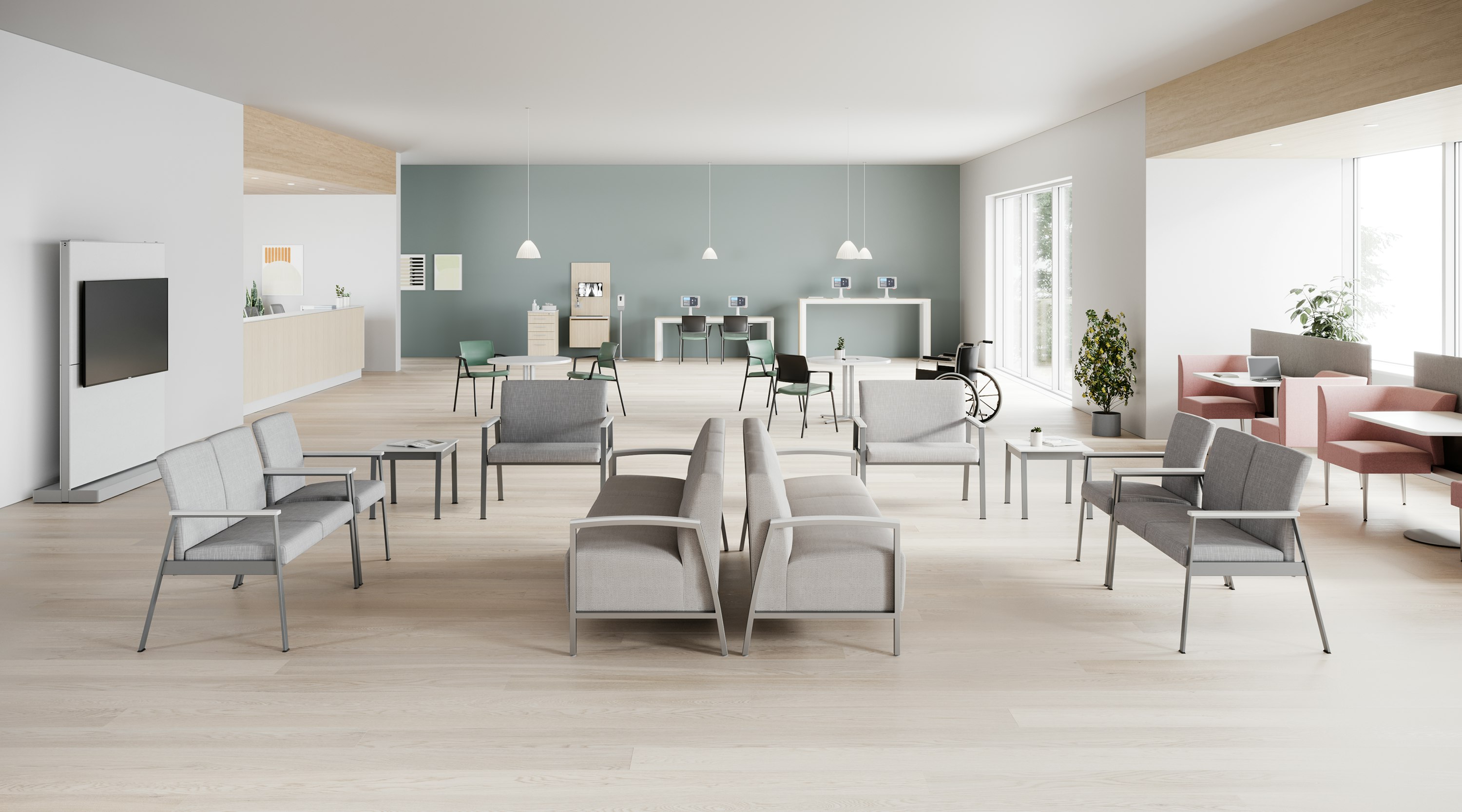 A waiting area with Easton Multiple Seating, Side Chairs, Plus Seating and Tables, Palisade Booths, Verus Side Chairs and Headway Tables.