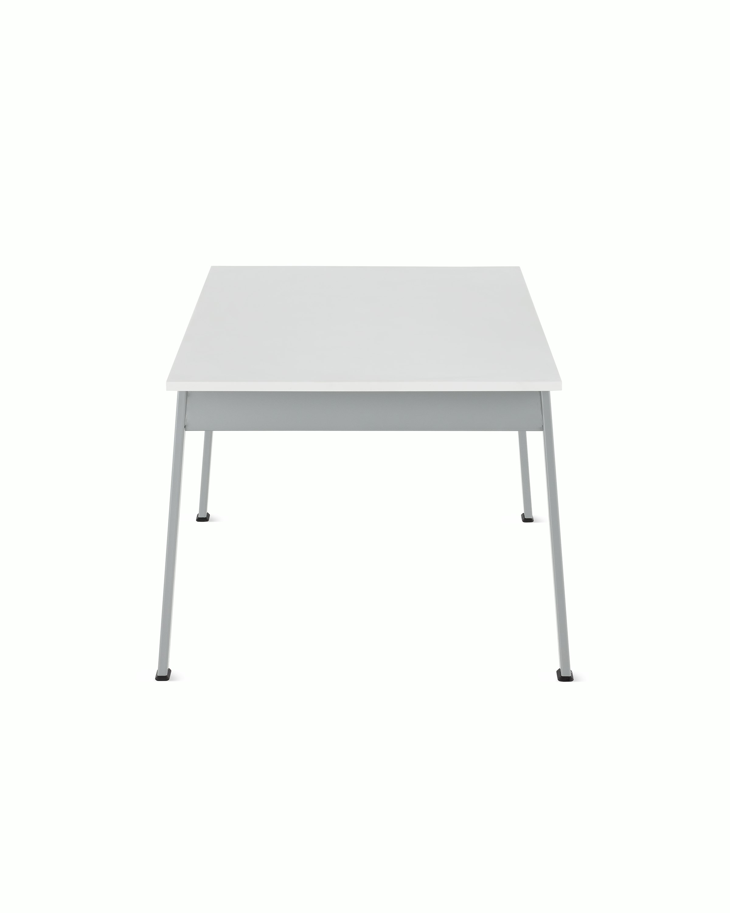 Side view of an Easton Coffee Table with a glacier white Corian top and metallic silver legs.