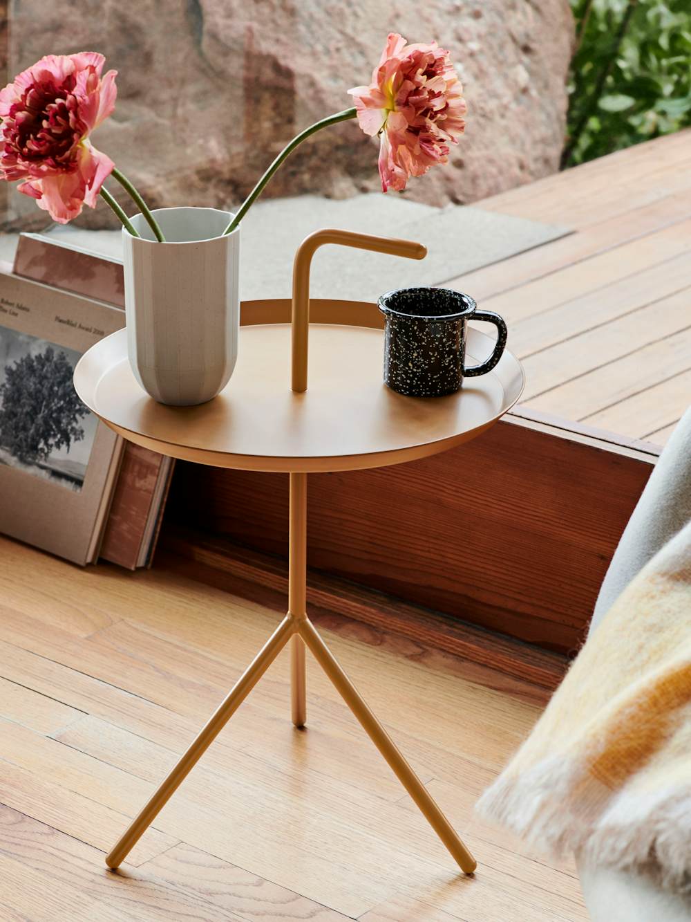 Enamel Coffee Cup sitting on a Don't Leave Me Side Table.