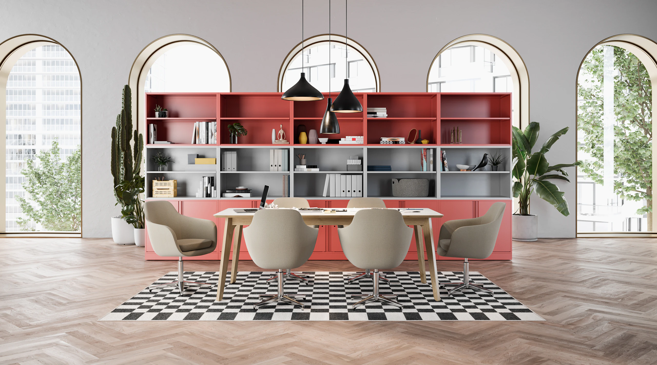 Red and gray Meridian Storage components behind a white and brown Dalby Conference Table with six light brown Saiba Chairs.